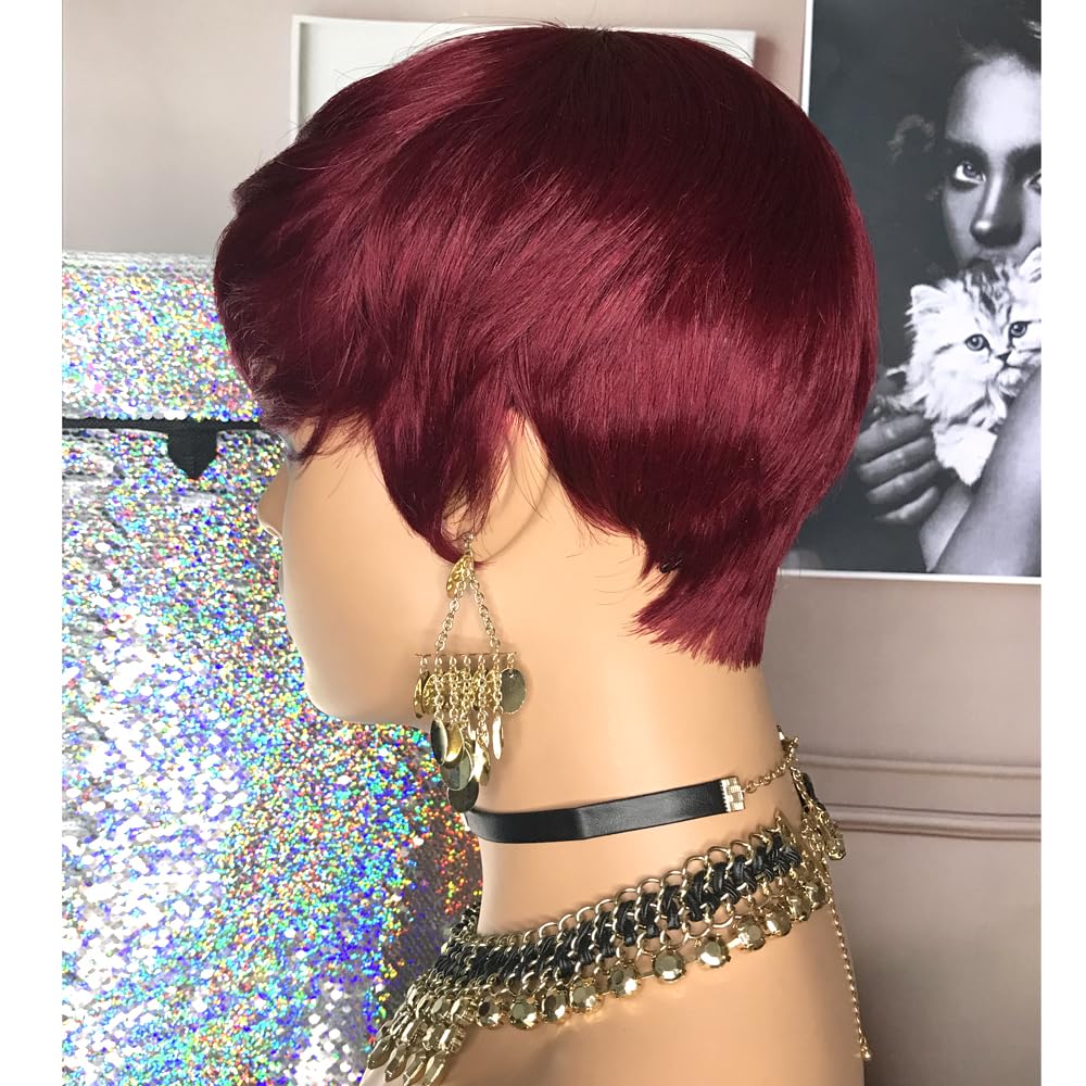 Hotkis Short Pixie Wigs Human Hair For Black Women Pixie Cut Wig Human Hair Short Burgundy Hair Wigs Pixie Wig Glueless Human Ha