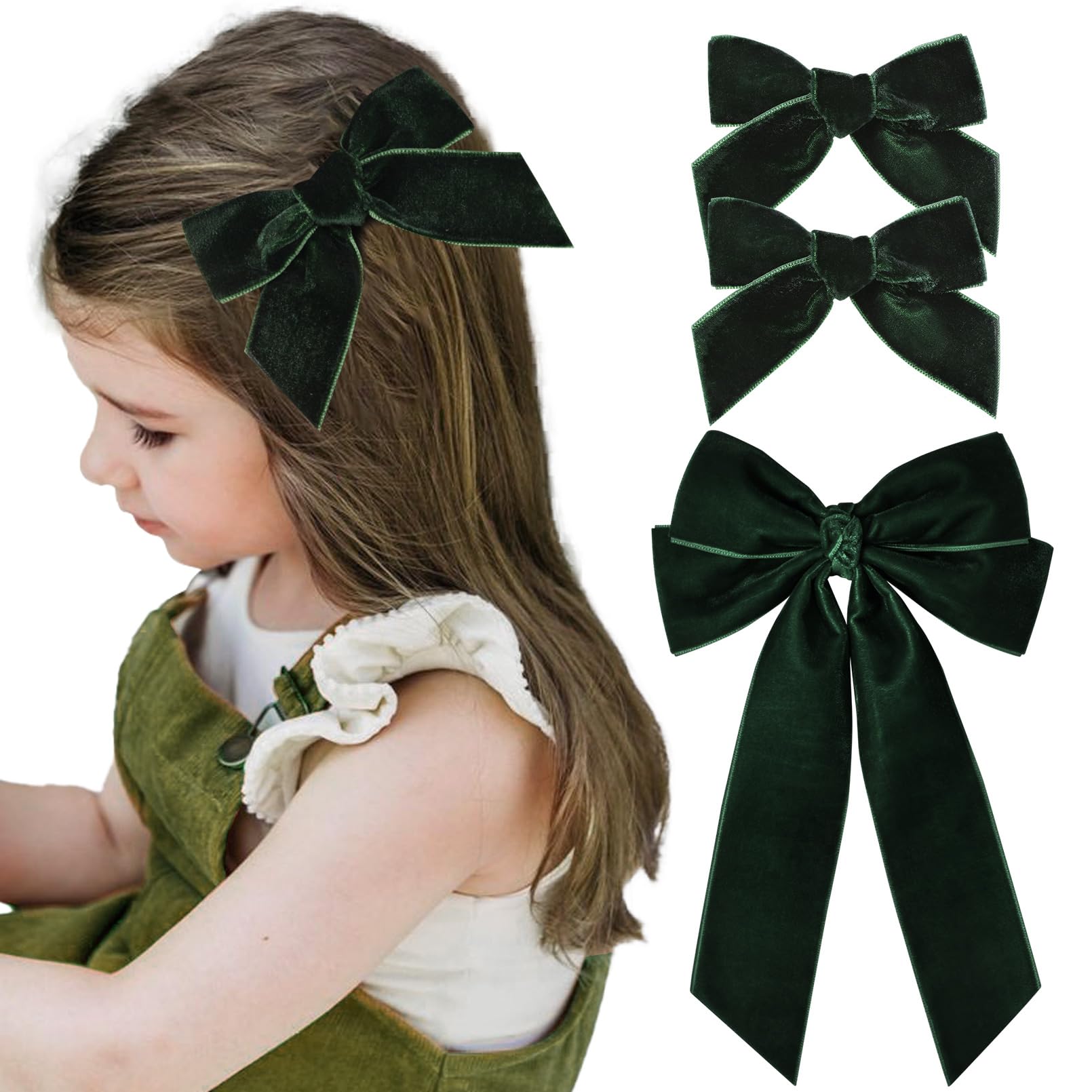 3 PCS Velvet Bows Hair Clip Ribbon Green Accessories Ponytail Holder Hair Bow for Women Girls Toddlers Teens Kids
