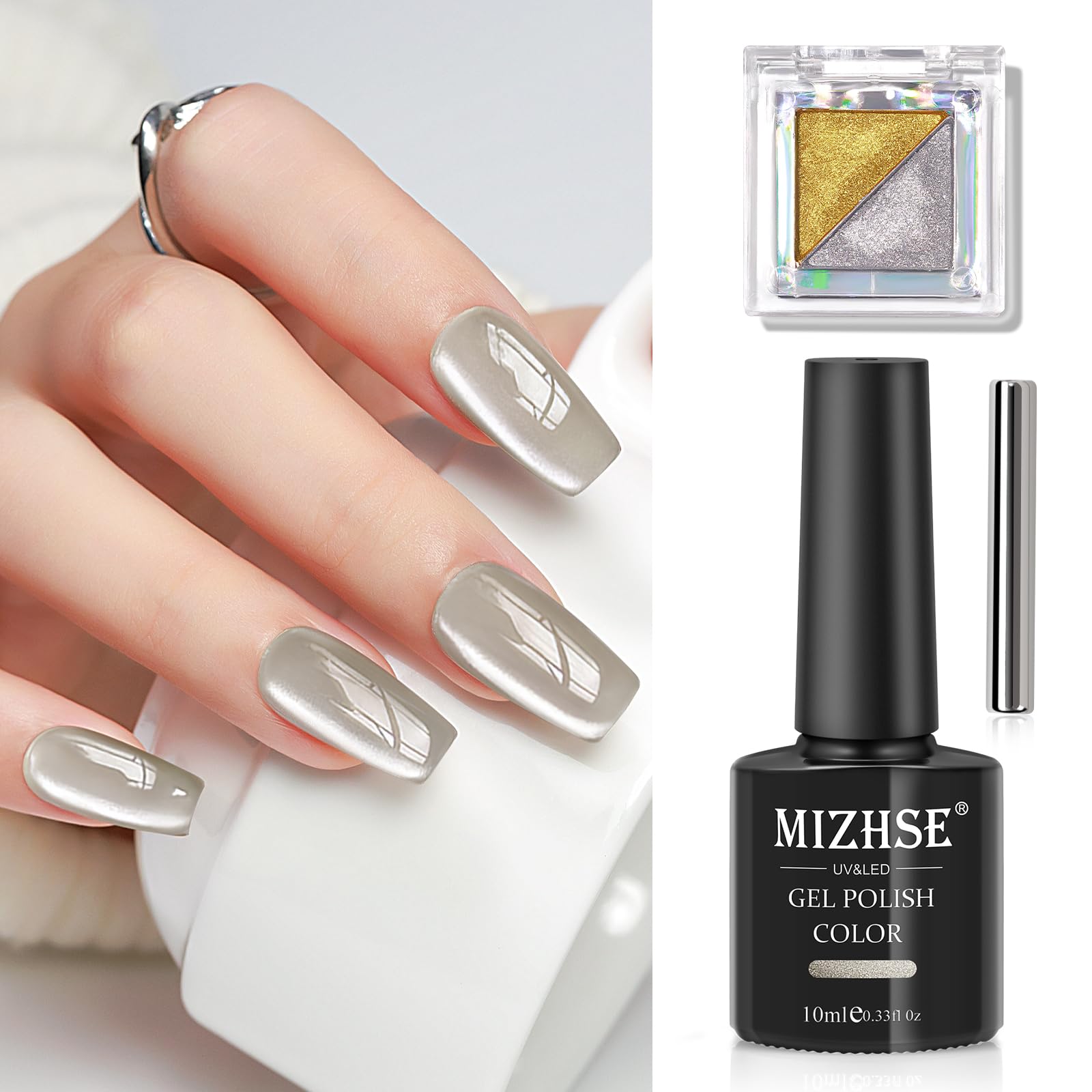 Mizhse Cat Eye Gel Nail Polish: Silver Magnetic Gel Polish With Magnet Stick Metallic Mirror Chrome Powder, Maillard Style Magic