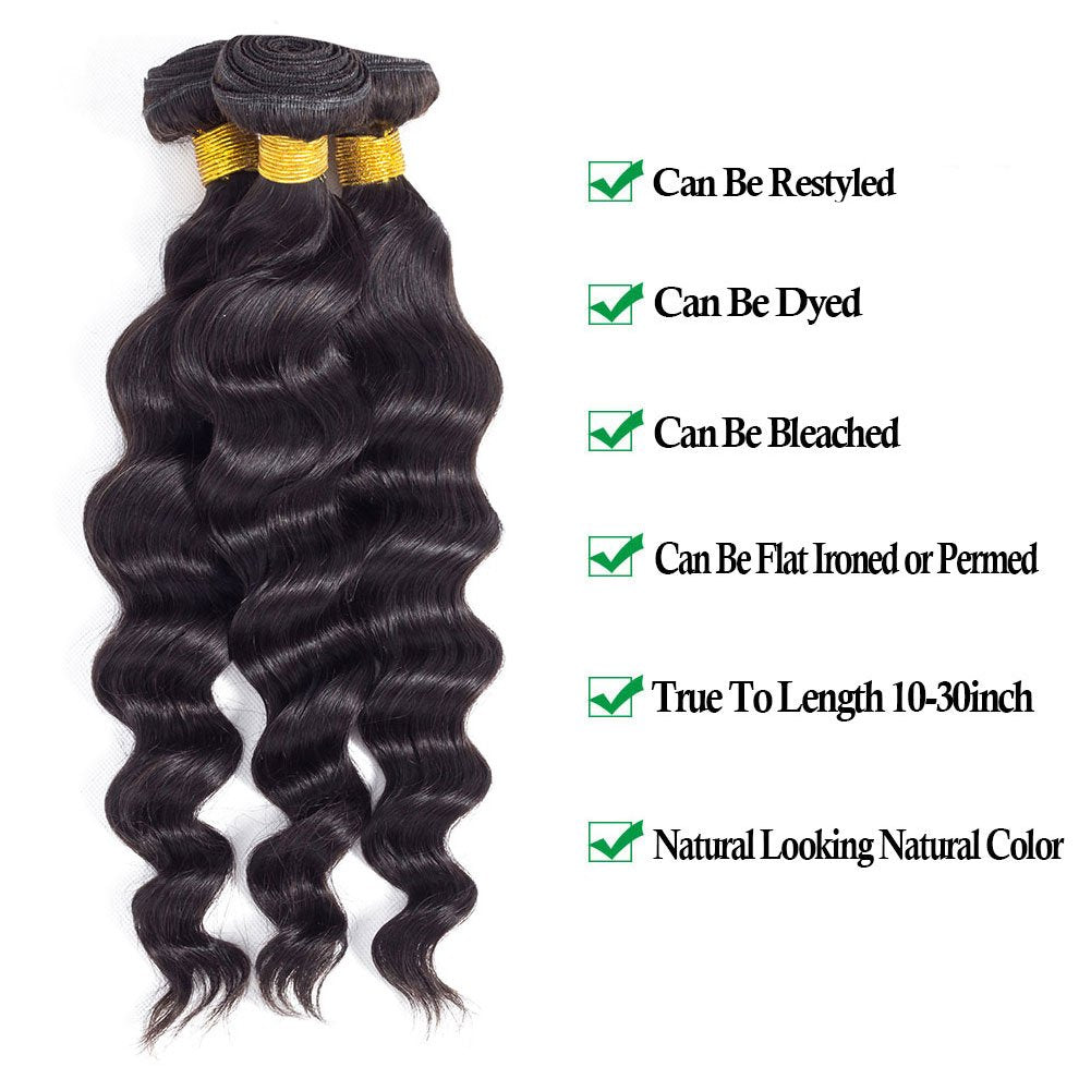 12A Grade Brazilian Virgin Hair Loose Wave 3 Bundles With Closure (12 14 16+10''Closure) 100% Unprocessed Virgin Brazilian Remy
