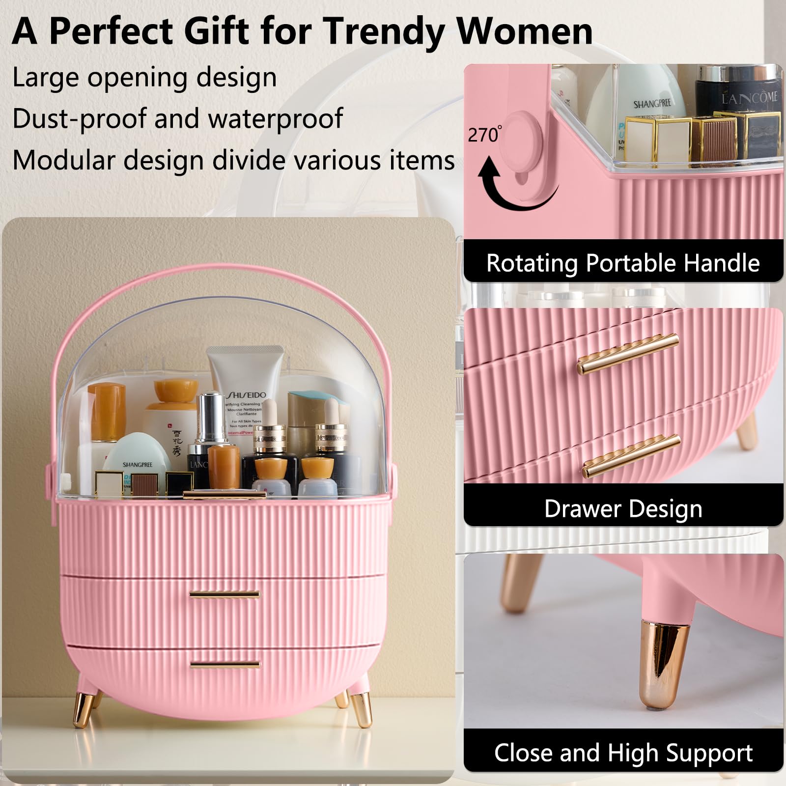 Gltaylmy Makeup Organizer For Vanity, Cosmetics Skincare Organizers With Lid And Drawers, Cosmetic Display Cases For Countertop