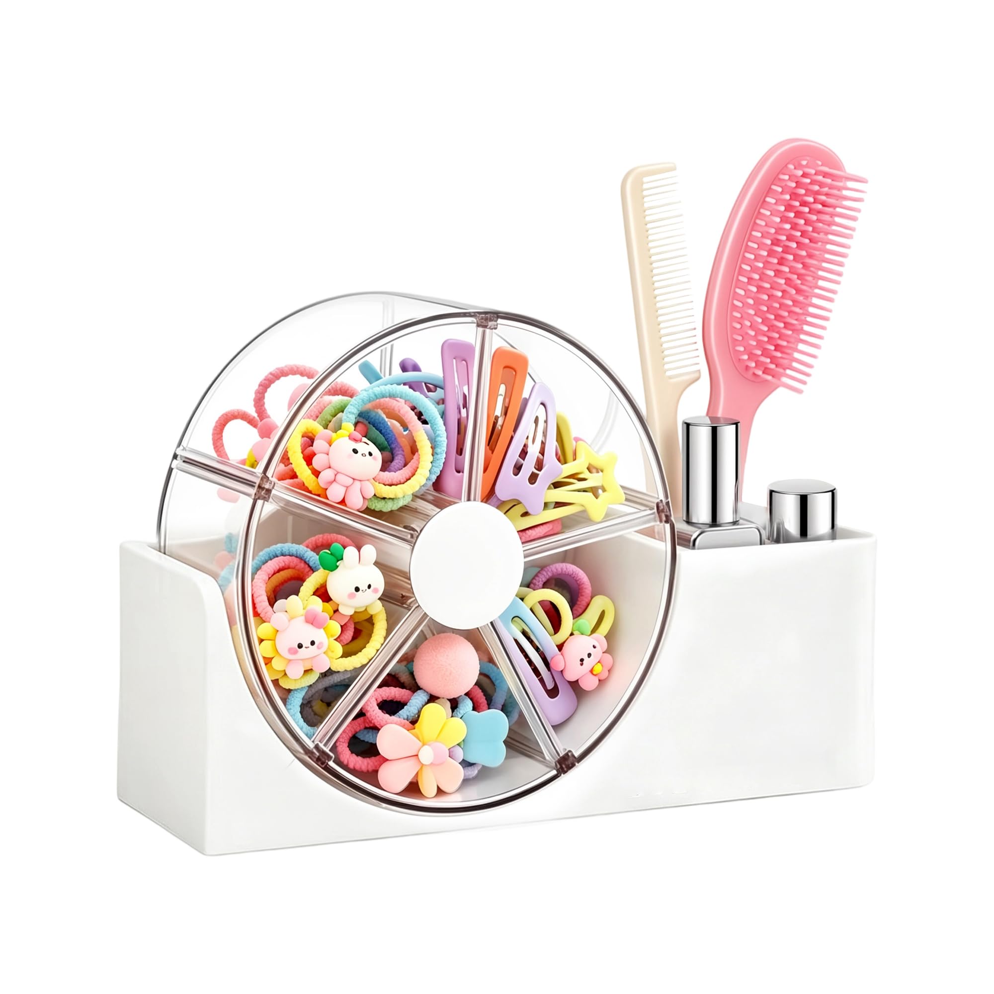 Hair Accessories Organizer for Girls, Hair Tie Organizer with Hair Brush Holder, 3605Section Rotating Storage for Hair Clips, H