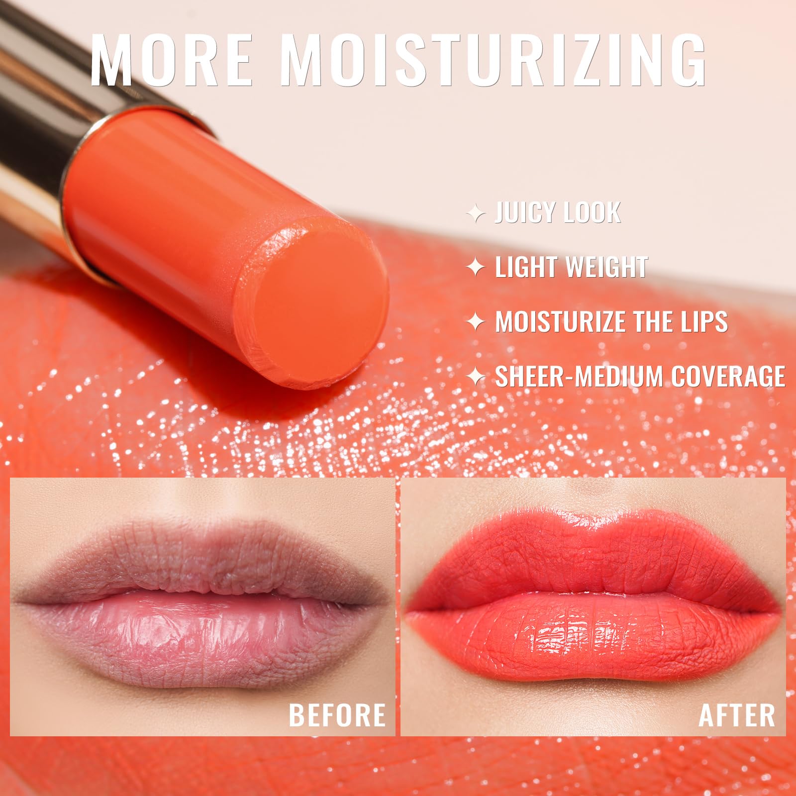 Oulac Moisturizing Shine Orange Red Lipstick For Women - 2 In 1 Orange Red Glossy Tinted Lip Balm, Hydrating Winter Lipstick For