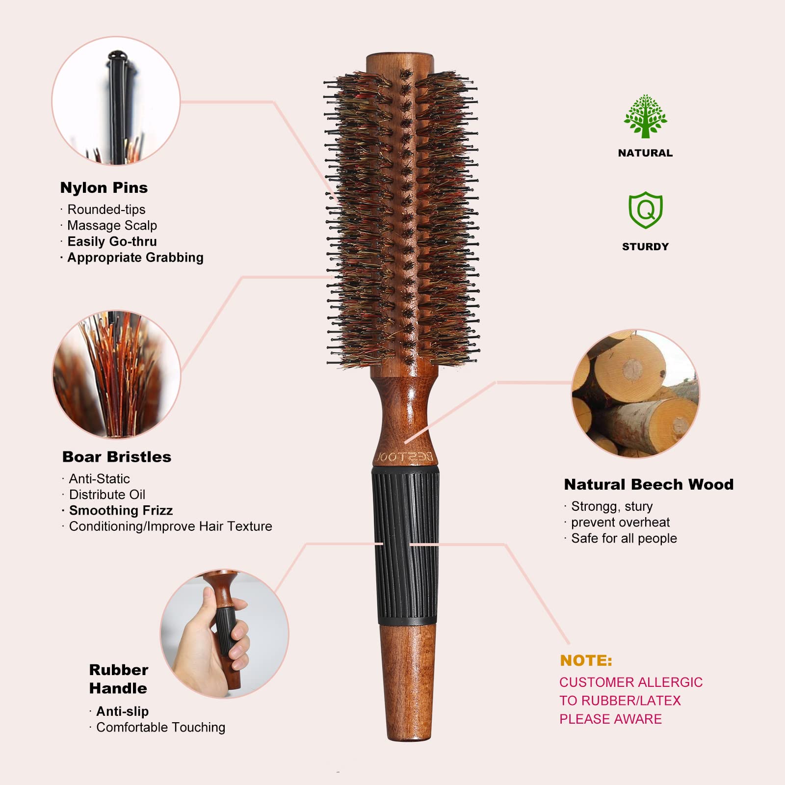 BESTOOL Round Brush for Blow Drying, Round Hair Brush for Women or Men, Boar Bristle Small Round Hairbrush for Quick Blowout, Ad