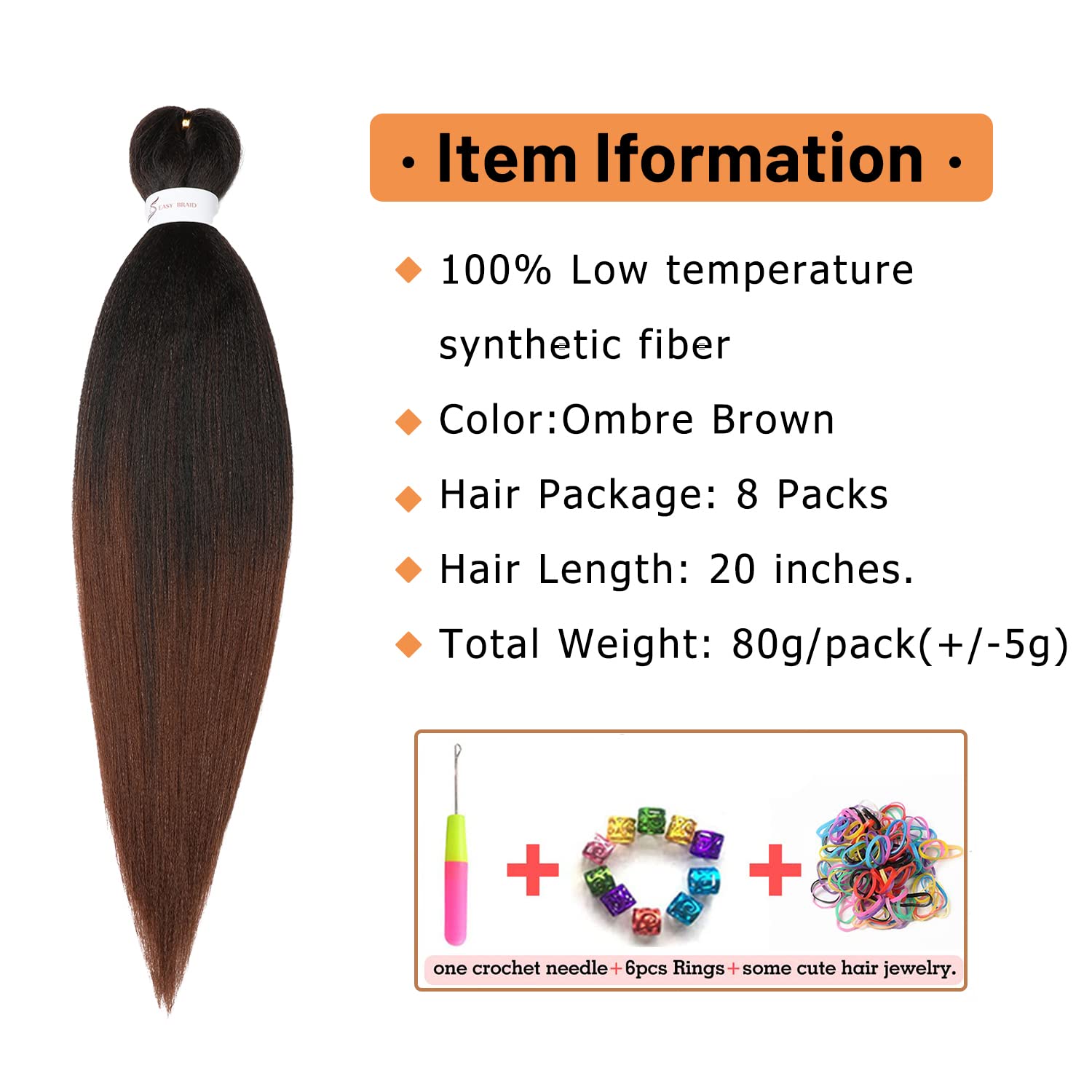 Ubeleco 8 Packs Pre-Stretched Braiding Hair,20 Inch Ombre Braiding Hair Professional Soft Yaki Texture, No Itch, Hot Water Setti