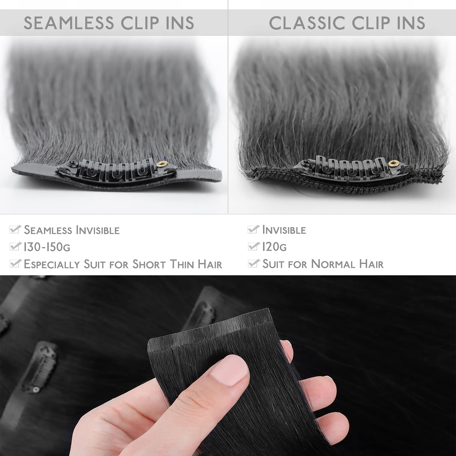 Wennalife Seamless Clip In Hair Extensions, 14 Inch 130G 7Pcs Jet Black Hair Extensions Clip In Human Hair Invisible Pu Skin Wef