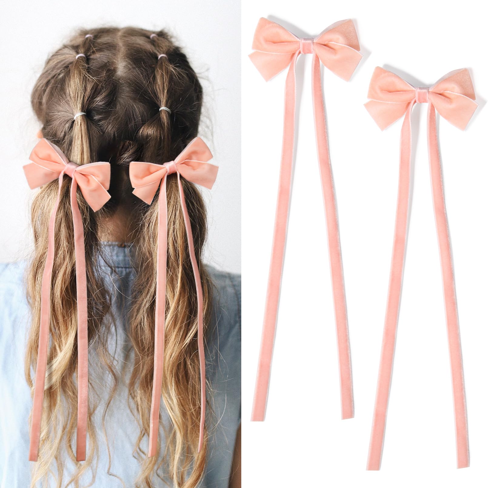 2PCS Velvet Hair Bows Ribbon Hair Clip Pink Ponytail Holder Accessories Slides Metal Clips Hair Bow for Women Girls Toddlers Tee