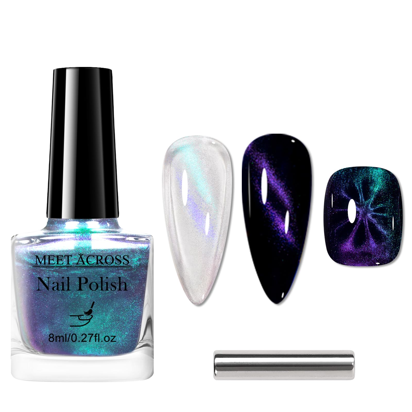 MEET ACROSS Teal to Purple Magnetic Nail Polish Non Gel, Quick Dry Glitter Nail Polish with Magnetic Stick Kit