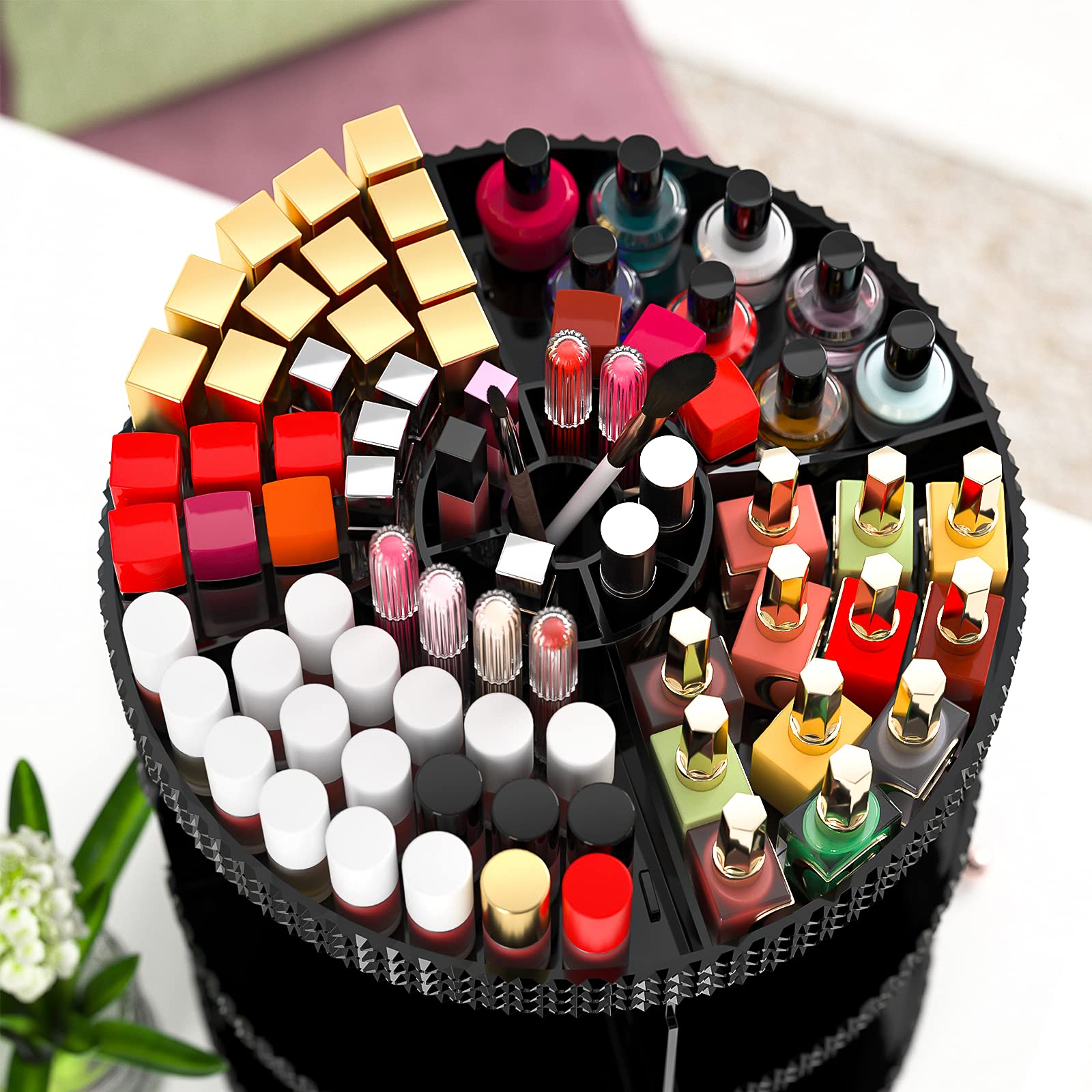 Famitree Black 360 Makeup Organizer Degree Rotating, 7 Layers Large Capacity Cosmetic Storage, Acrylic Makeup Organizers, Organi