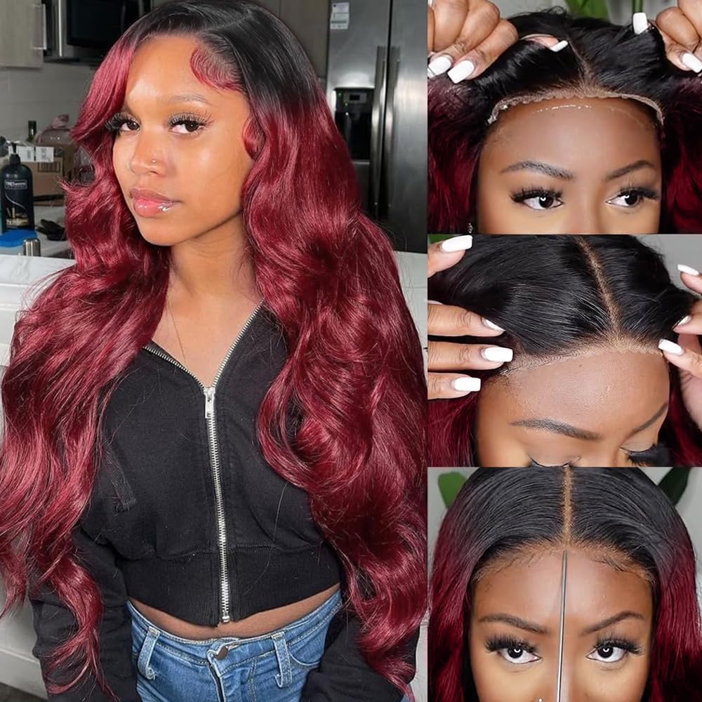 Gabrielle 32 Inch Glueless Wig Body Wave Lace Front Human Hair Wigs 1B/99J Burgundy 5X5 Hd Lace Closure Wigs 180 Density Pre Plu