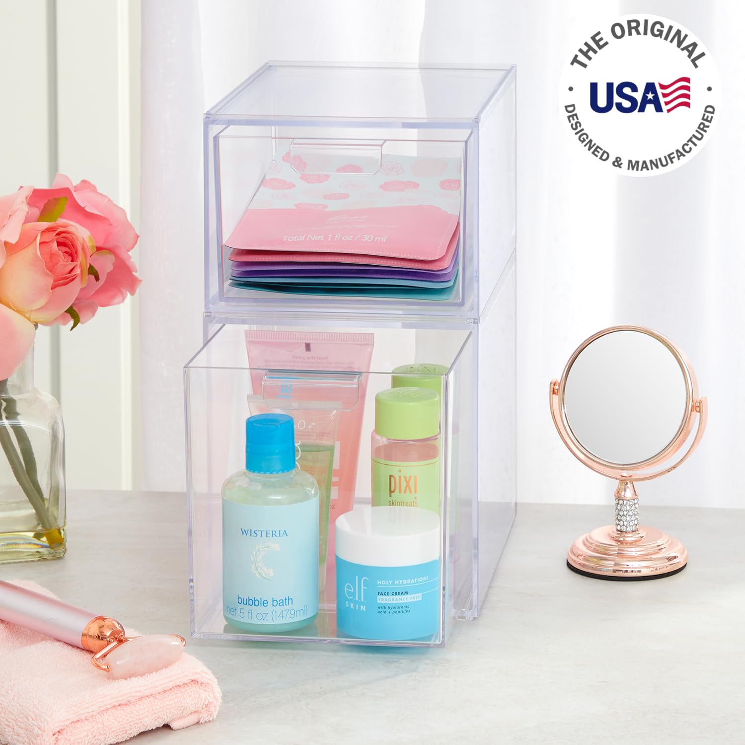 STORi Audrey Stackable Clear Bin Plastic Organizer Drawers  2 Piece Set  Organize Cosmetics and Beauty Supplies on a Vanity  Mad
