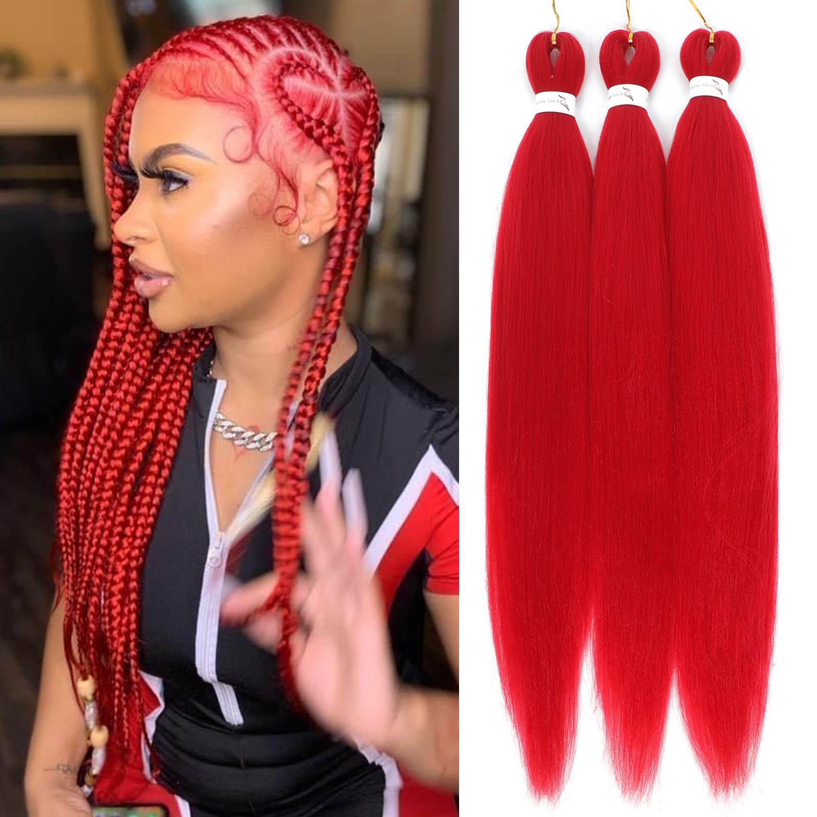 Royota Red Braiding Hair Pre Stretched Easy Braiding Hair Yaki Texture 3 Pieces Synthetic Prestretched Braiding Hair 26 Inches K
