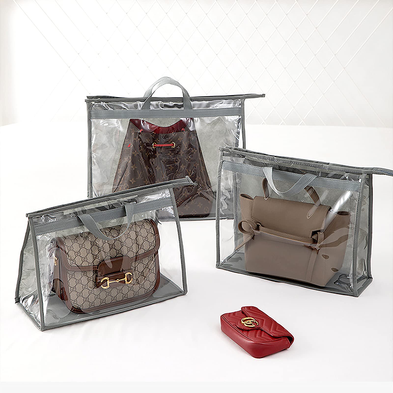 CINPIUK 4 Pack Handbag Dust Bags Clear Purse Storage Organizer for Closet, Zipper Hanging Storage Bag for Handbags, Grey