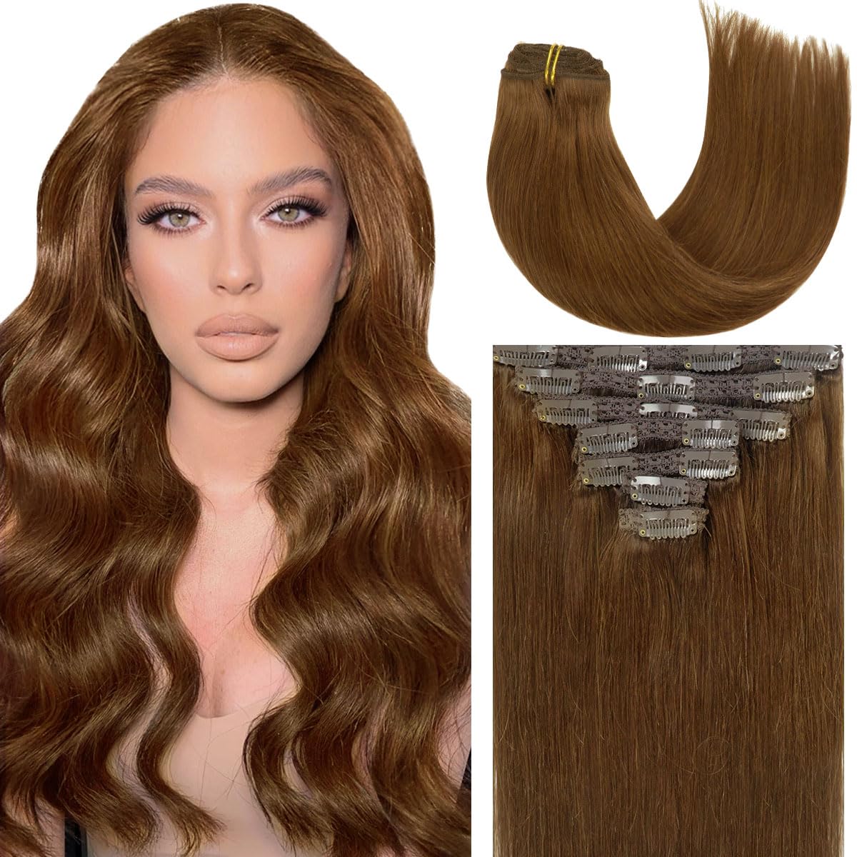 Caliee Clip in Hair Extensions Human Hair 20Inch Hair Extensions Clip in Human Hair Brown Hair Extensions Clip in Color Chocolat