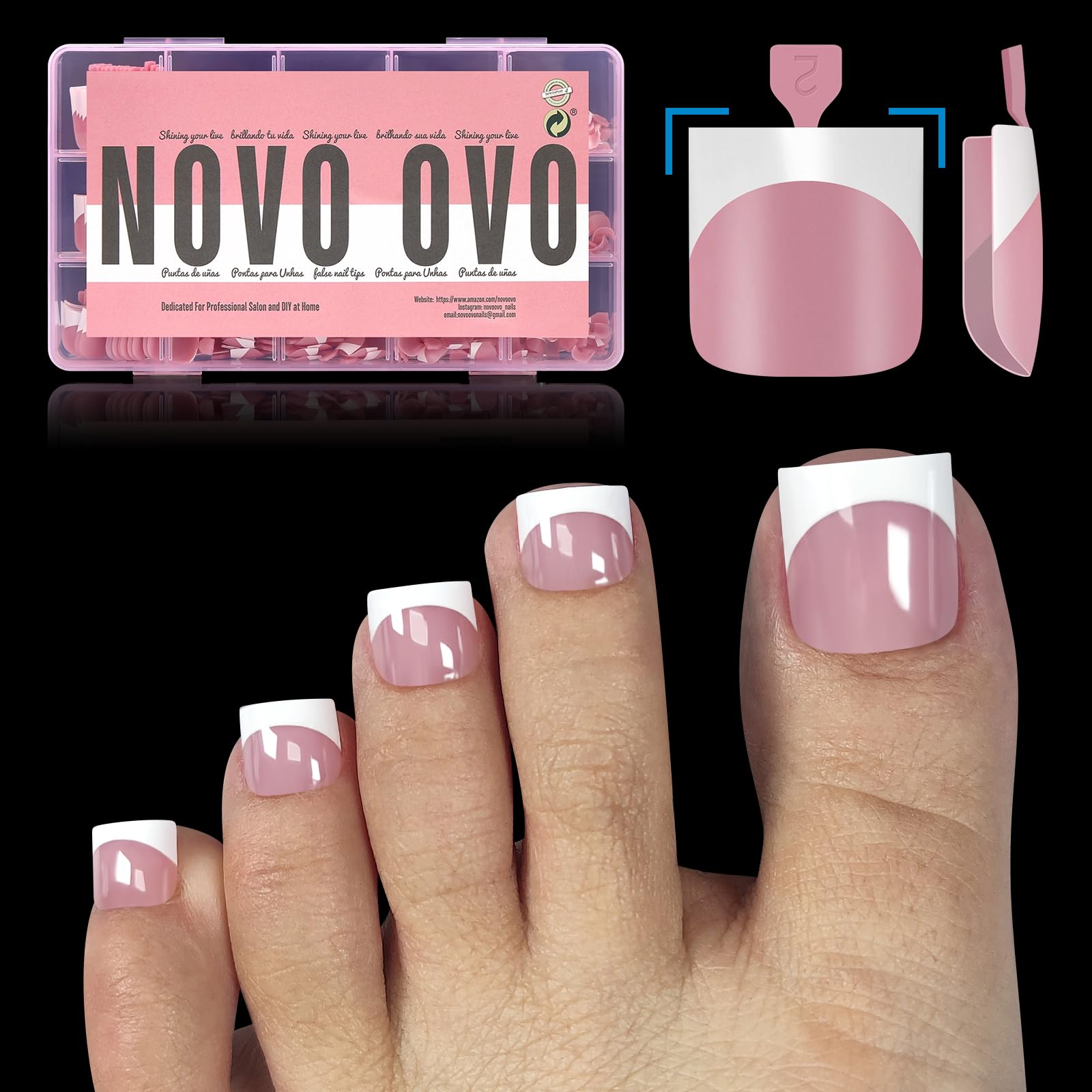 NOVO OVO French Tip Toe Nail Tips Press on, Sharp Square Pre-Designed Soft Gel False Toenail Extension, BERRY PINK Pre-applied T