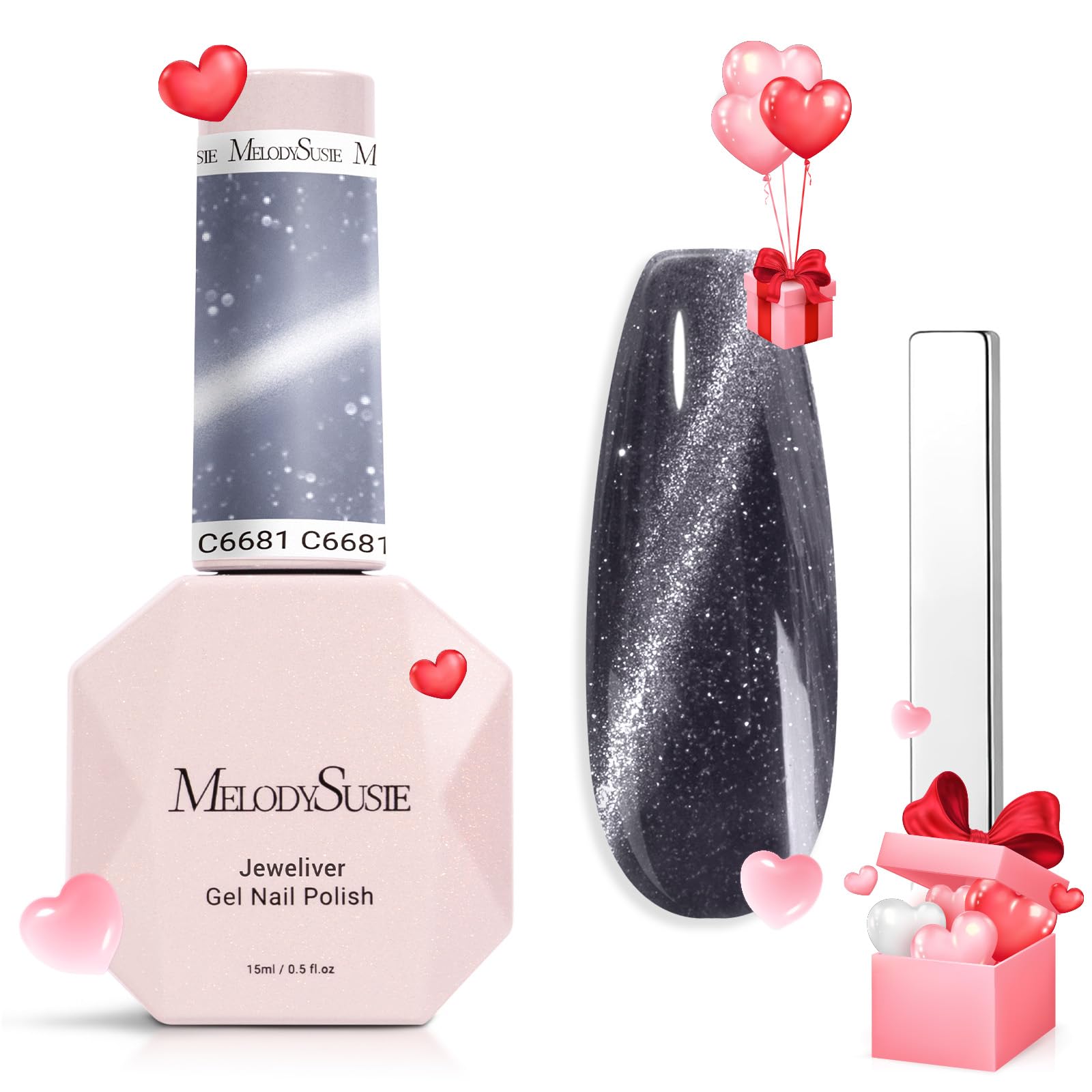 Melodysusie Jeweliver Cat Eye Gel Nail Polish, 0.5 Fl Oz Dark Gray Glitter Holographic Magnetic Nail Polish With Magnet, Uv Nail