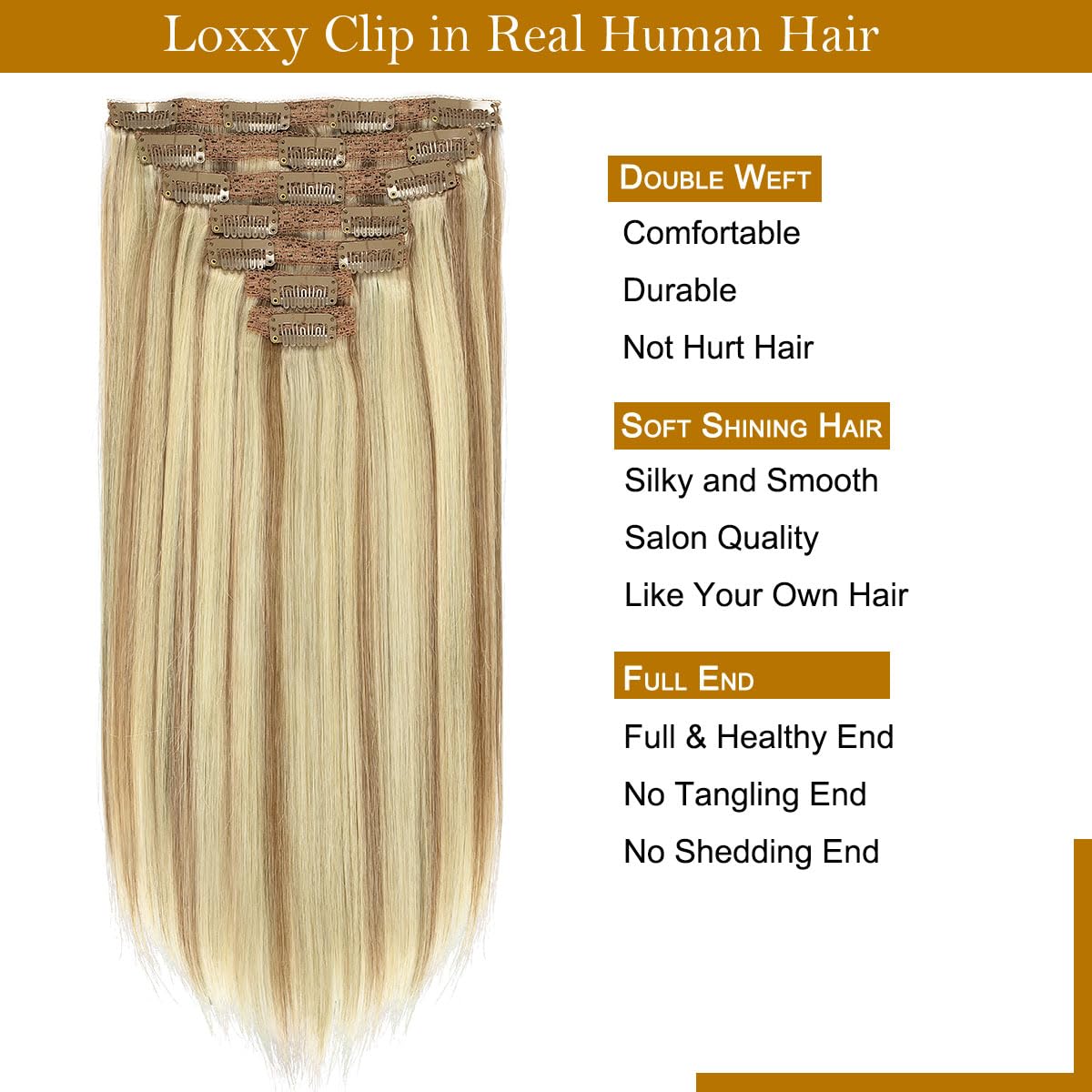 Loxxy 20 Inch Seamless Clip In Hair Extensions Light Brown Highlighted Platinum Blonde Straight Lace Double Weft 100% Remy Hair