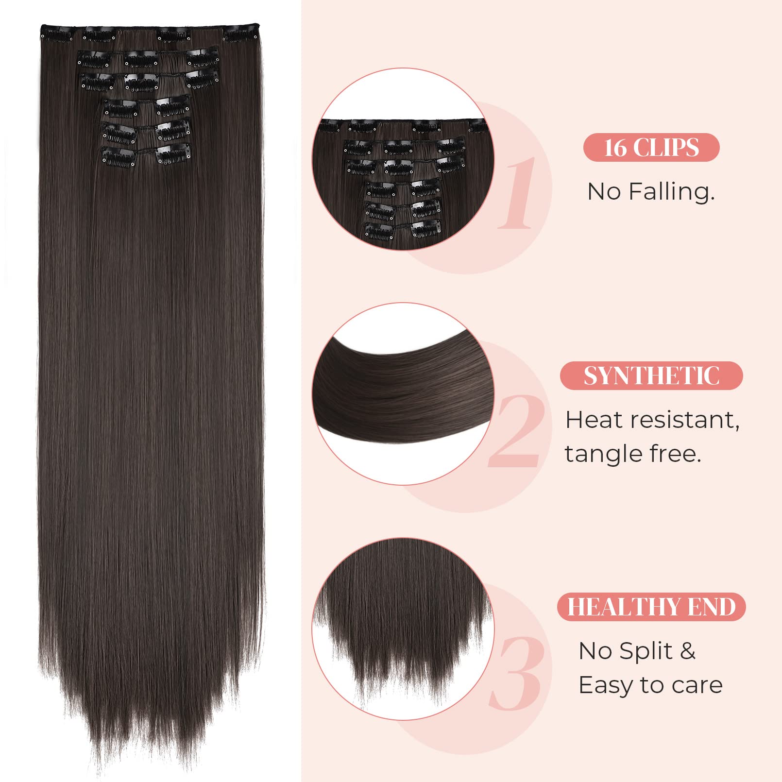 Lonai Clip In Hair Extensions, 6Pcs 24'' Long Black Brown With Highlight Straight Synthetic Clip On Hairpiece For Women Natural