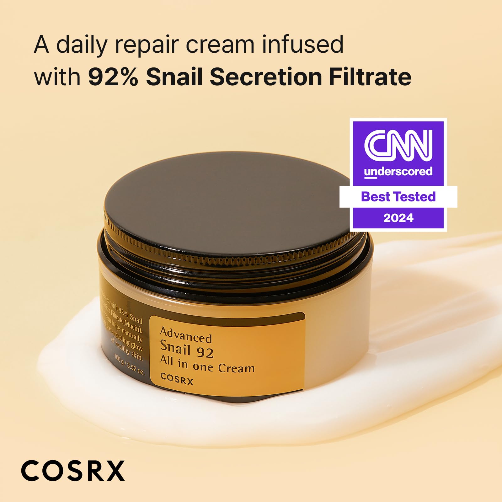COSRX Snail Mucin 92% Face Moisturizer, 3.52 Oz, Lightweight Moisturing Cream for Soft, Glowy Skin, Korean Skin Care, Korean Moi