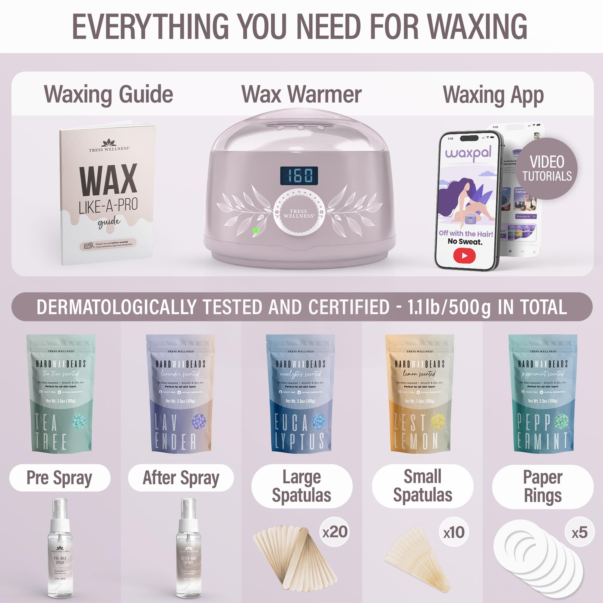 Tress Wellness Waxing Kit For Brazilian Wax - Easy To Use - For Sensitive Skin - Digital Display, Dusty Lilac