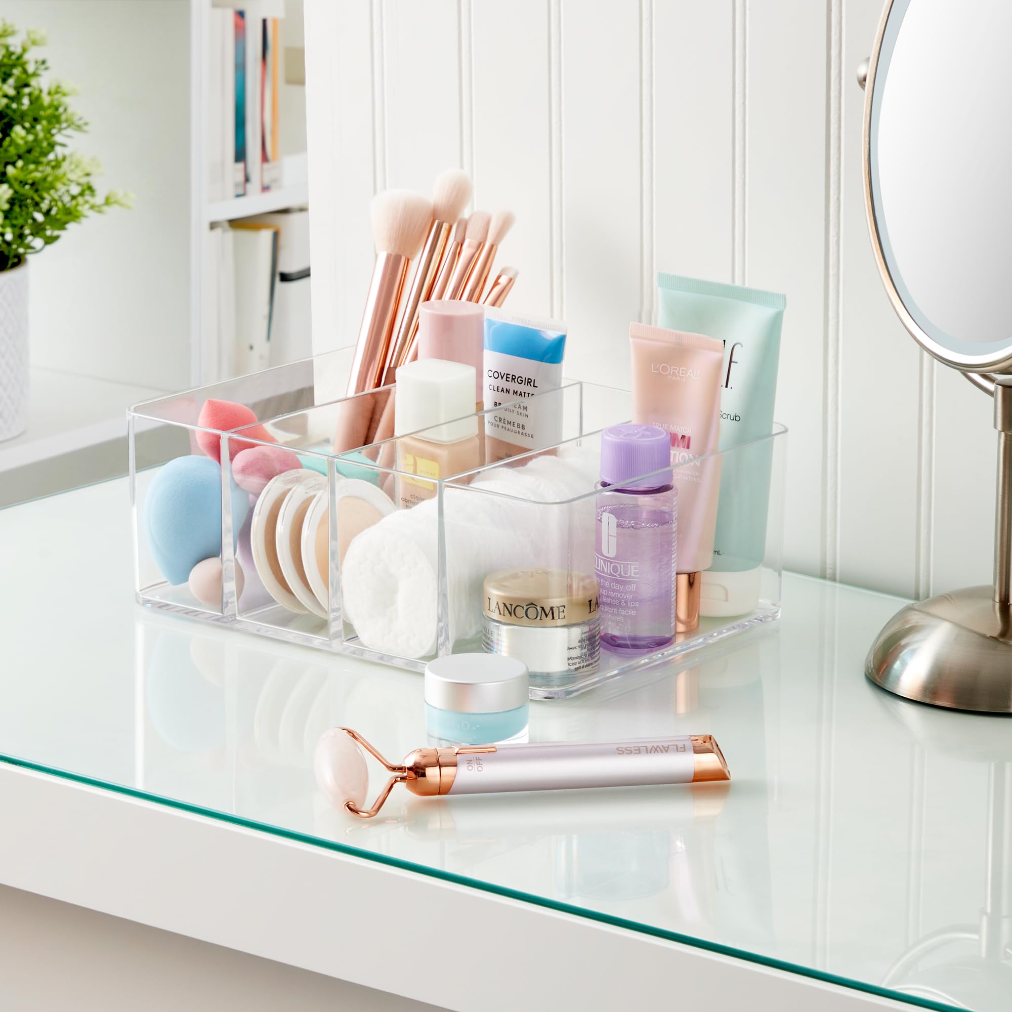 Stori 4-Compartment Clear Plastic Organizer  Rectangular Divided Makeup And Vanity Storage Bin  Use Upright For Eyeshadow Palett