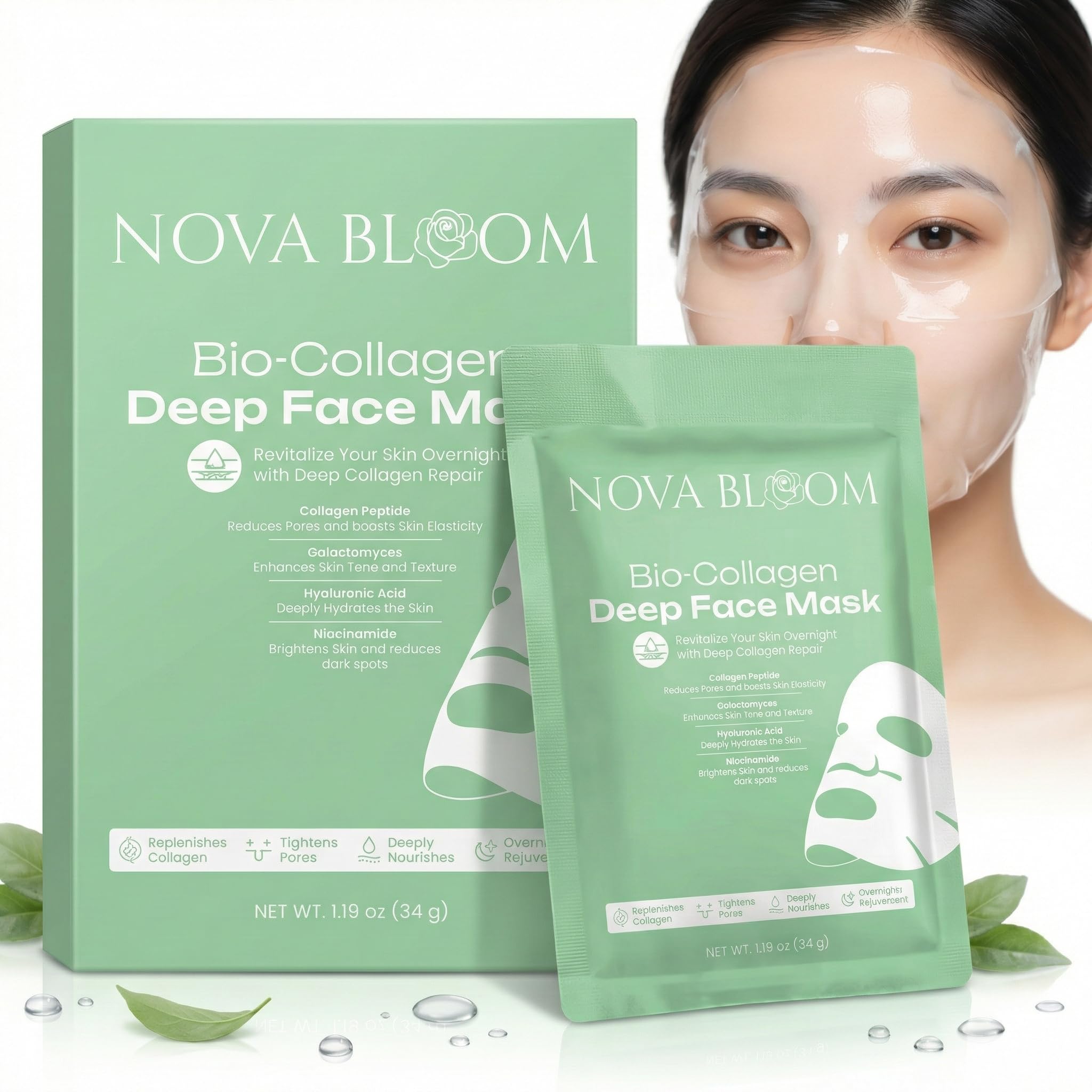 Nova Bloom Bio-Collagen Deep Face Mask | Korean Glass Skin Overnight Hydrogel Sheet Mask | Collagen, Hyaluronic Acid, Niacinamid