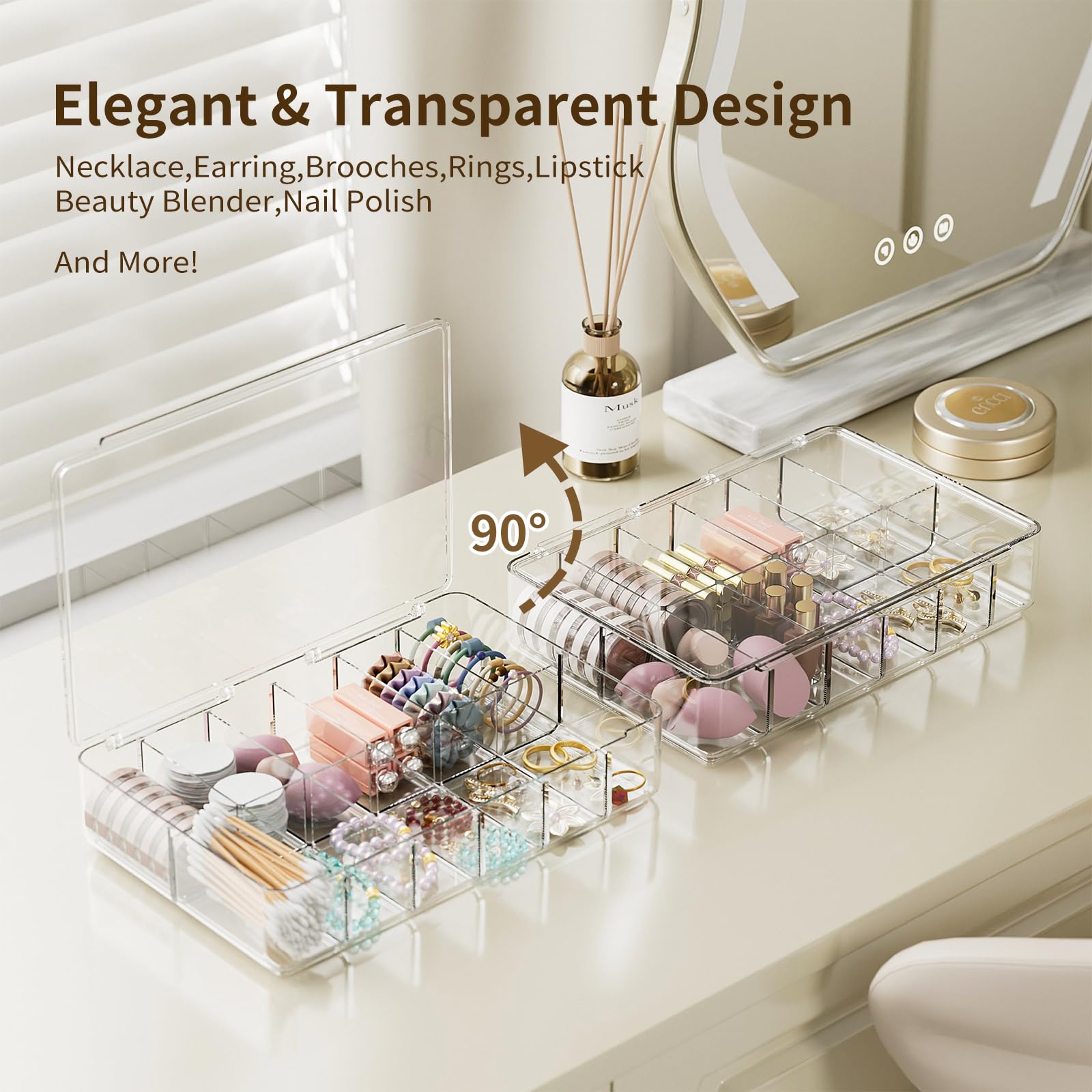 APLOP Clear Acrylic Makeup Organizer with Cover - 12 Compartments Cosmetic and Jewelry Organizer for Vanity and Desk Storage