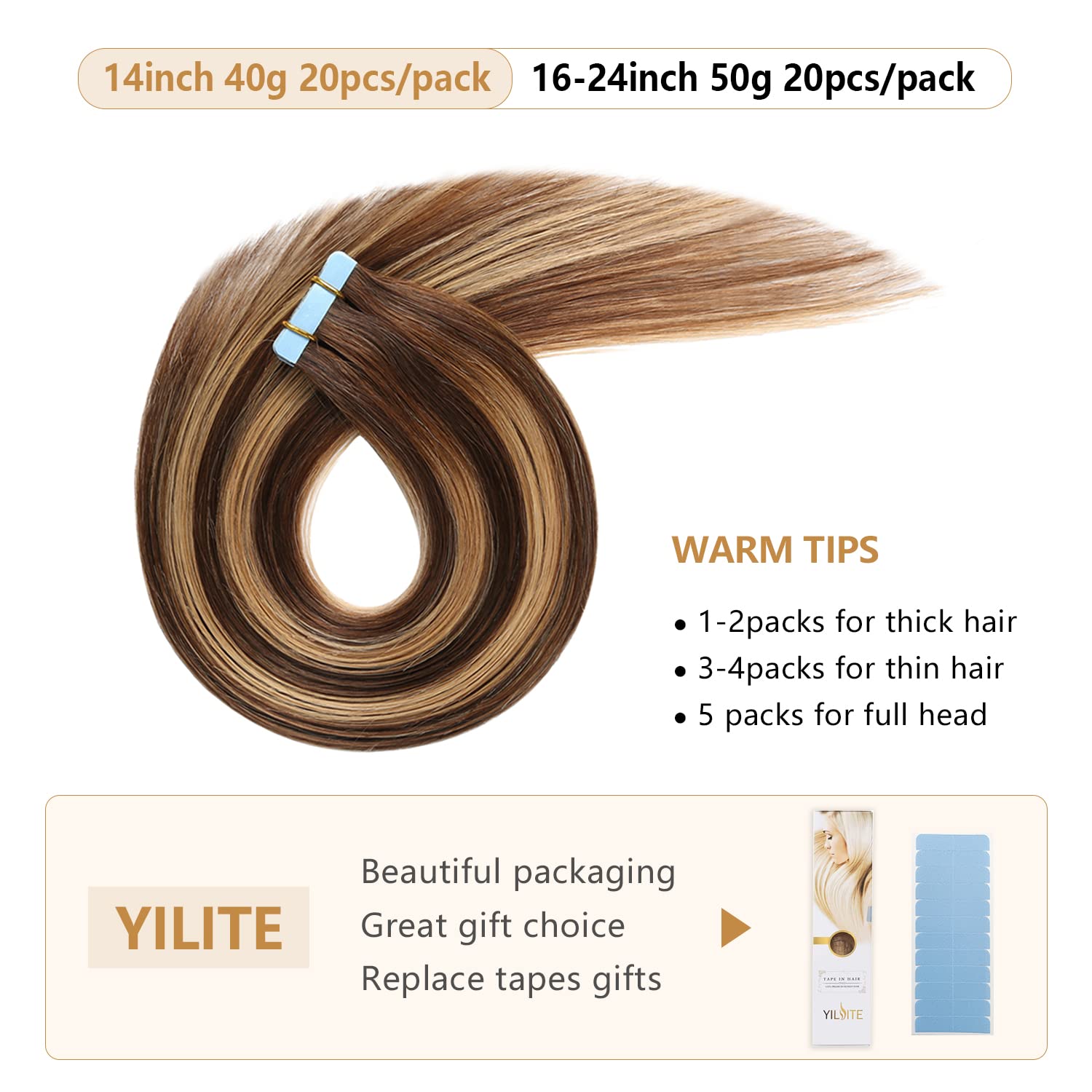 Tape In Hair Extensions Human Hair 14Inch 20Pcs 40G Balayage Dark Brown To Caramel Blonde Yilite Seamless Invisible Straight Ski
