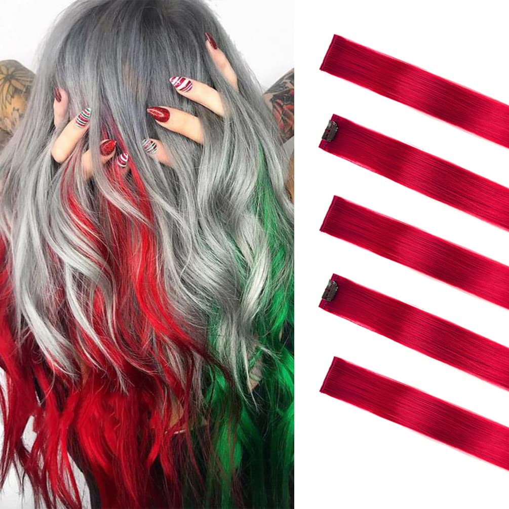 Winsky Red Hair Extensions Clip In Human Hair - 100% Straight Party Highlights Clip On Colored Hair Extensions 5 Pieces/Set (18I