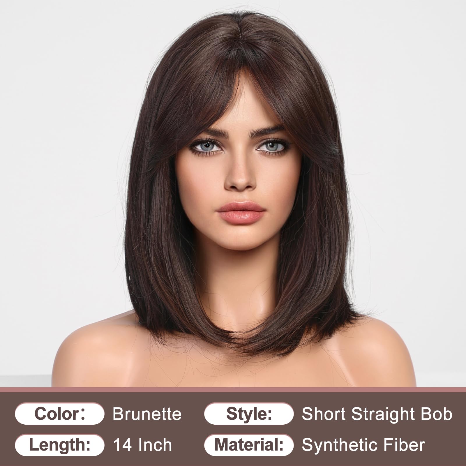 Haircube Dark Brown Wigs For Woemn Straight Wig With Curtain Bangs Shoulder Length Natural Synthetic Wig For Daily Use