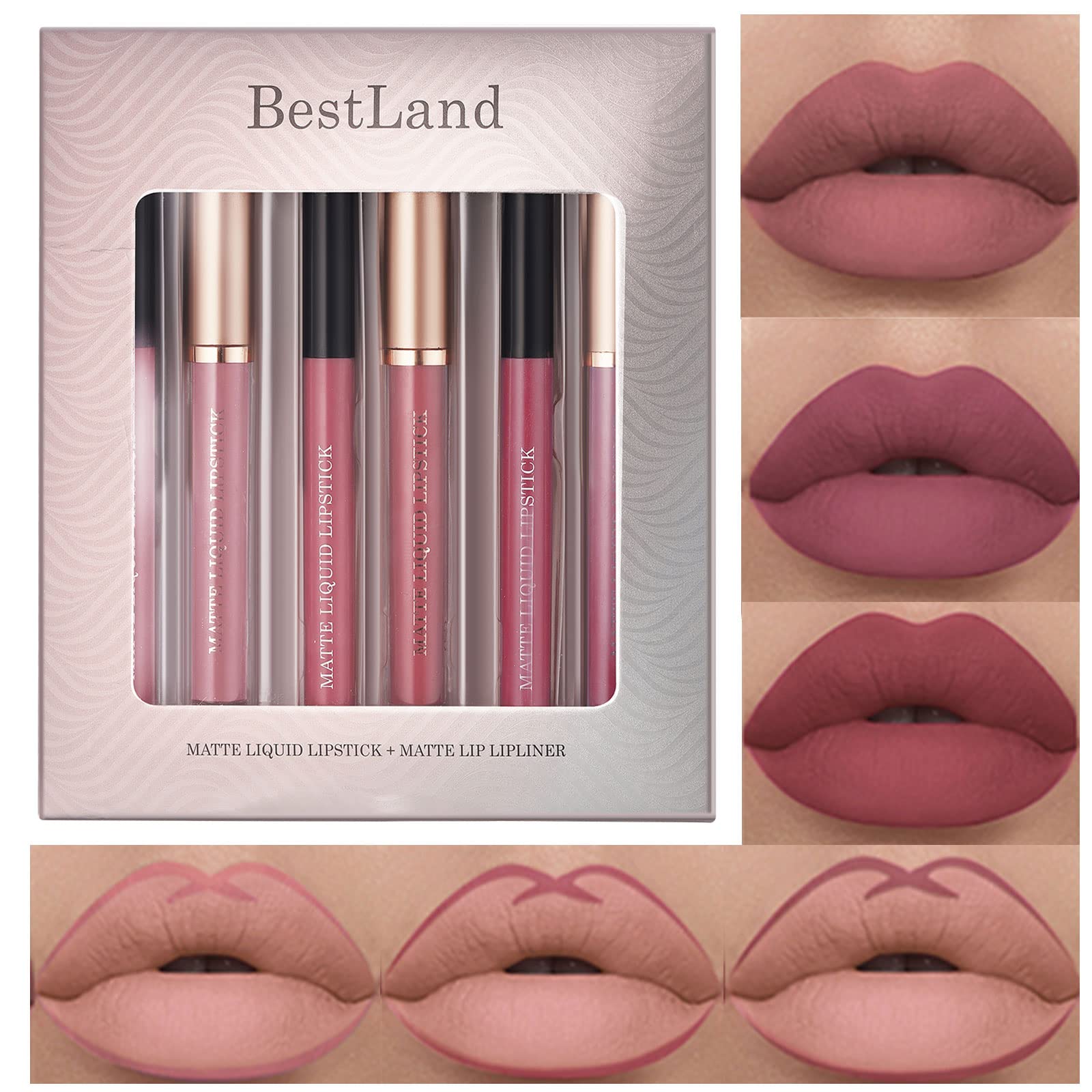 Urqt 6Pcs Lip Liner And Lipstick Makeup Set, 3 Velvety Matte Liquid Lipsticks + 3 Matching Smooth Lip Liner One Step Lips Makeup