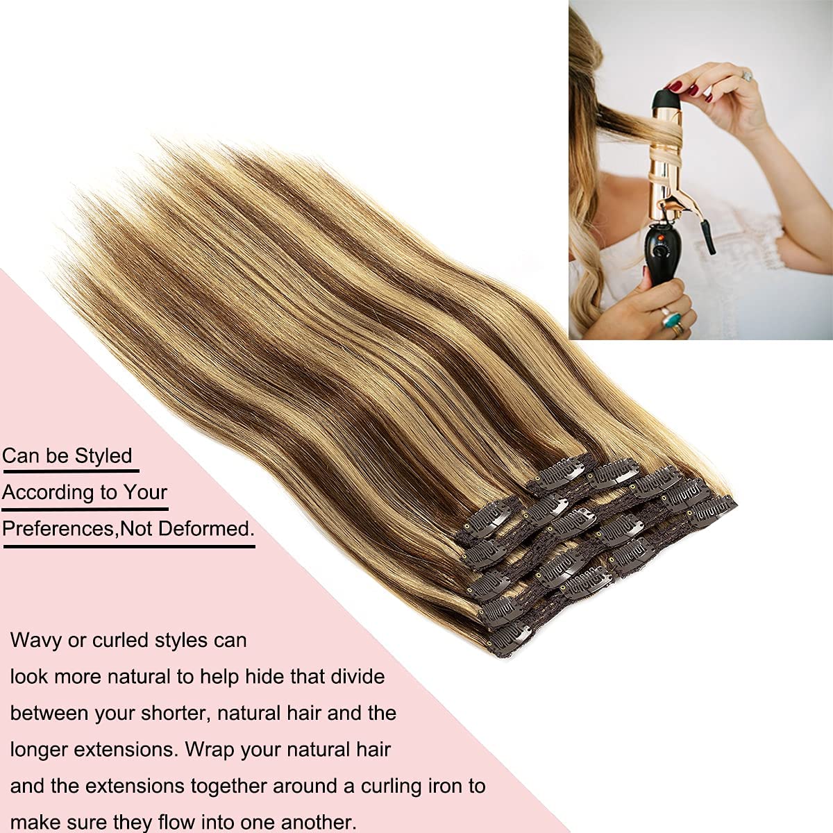 Loxxy Clip In Human Hair Extensions Natural Hair Chocolate Brown Mixed With Light Golden Brown 7Pieces 120G Double Weft Extensio