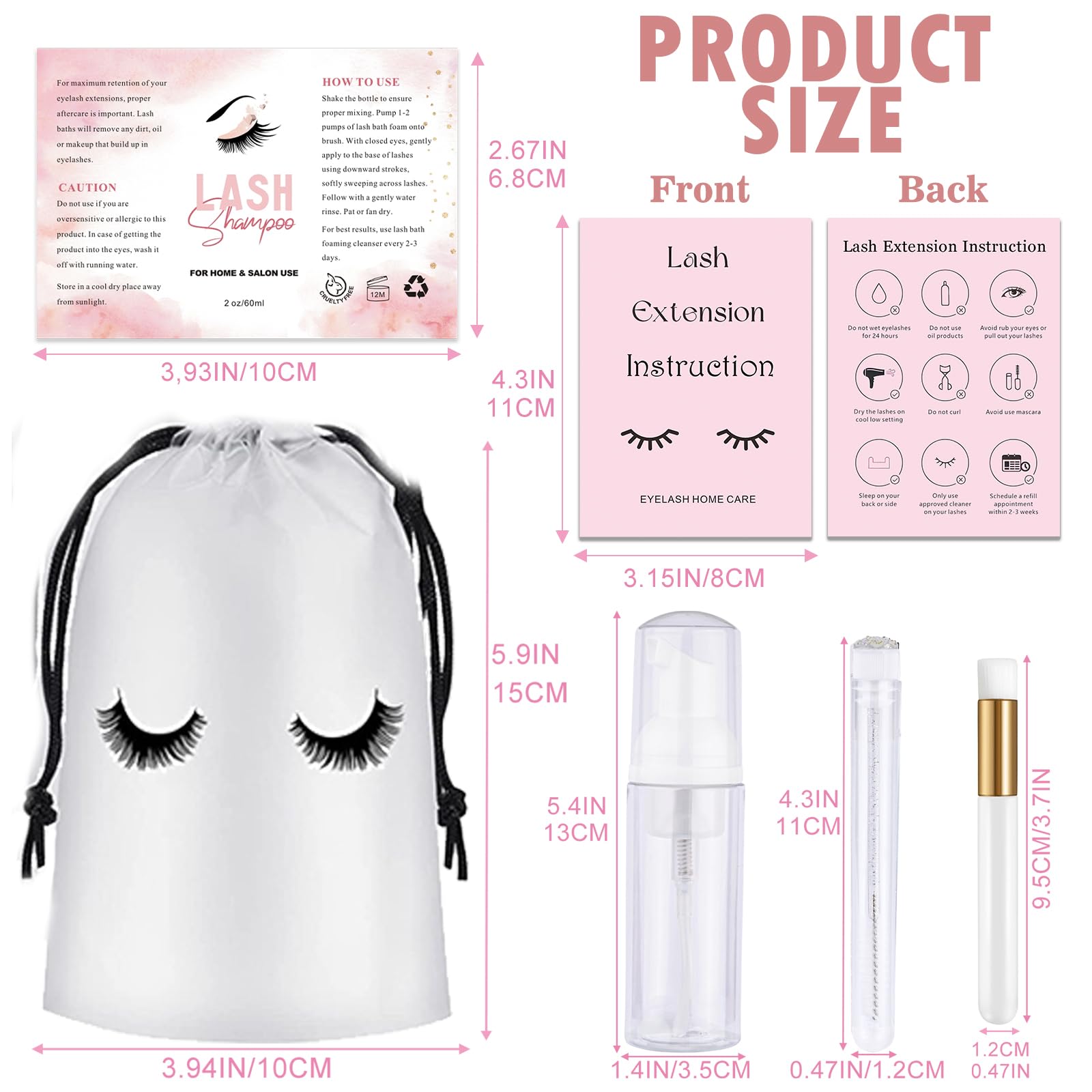 60Pcs Lash Shampoo Bottles And Brushes Set, 10Pcs Foam Pump Dispenser, Lash Cleaning Brush, Eyelash Extension Tube Brush, Instru