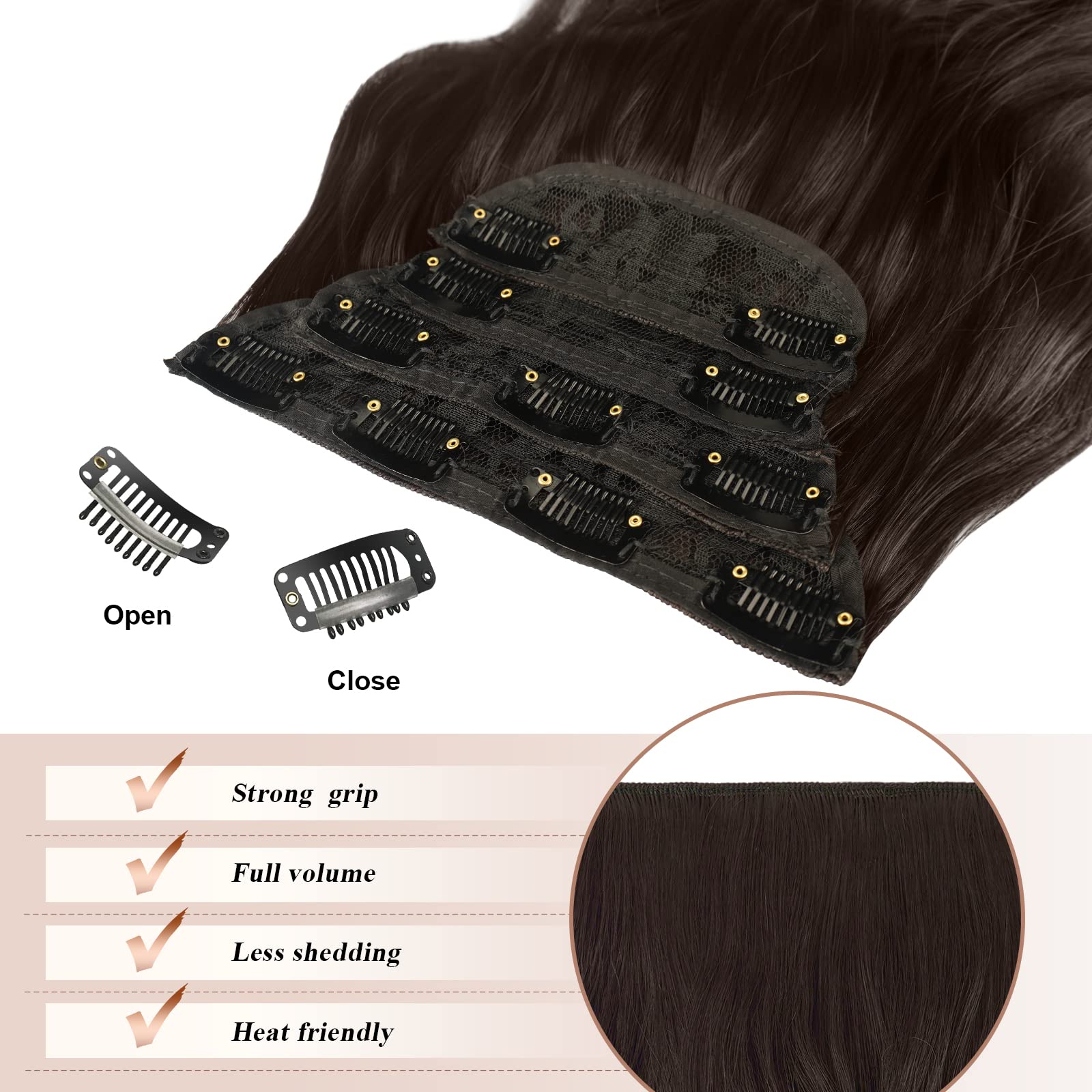 FESHFEN Clip in Hair Extensions - 4 PCS Long Wavy Thick Clip in Hairpieces Full Head Synthetic Hair Extension for Women, Dark Br