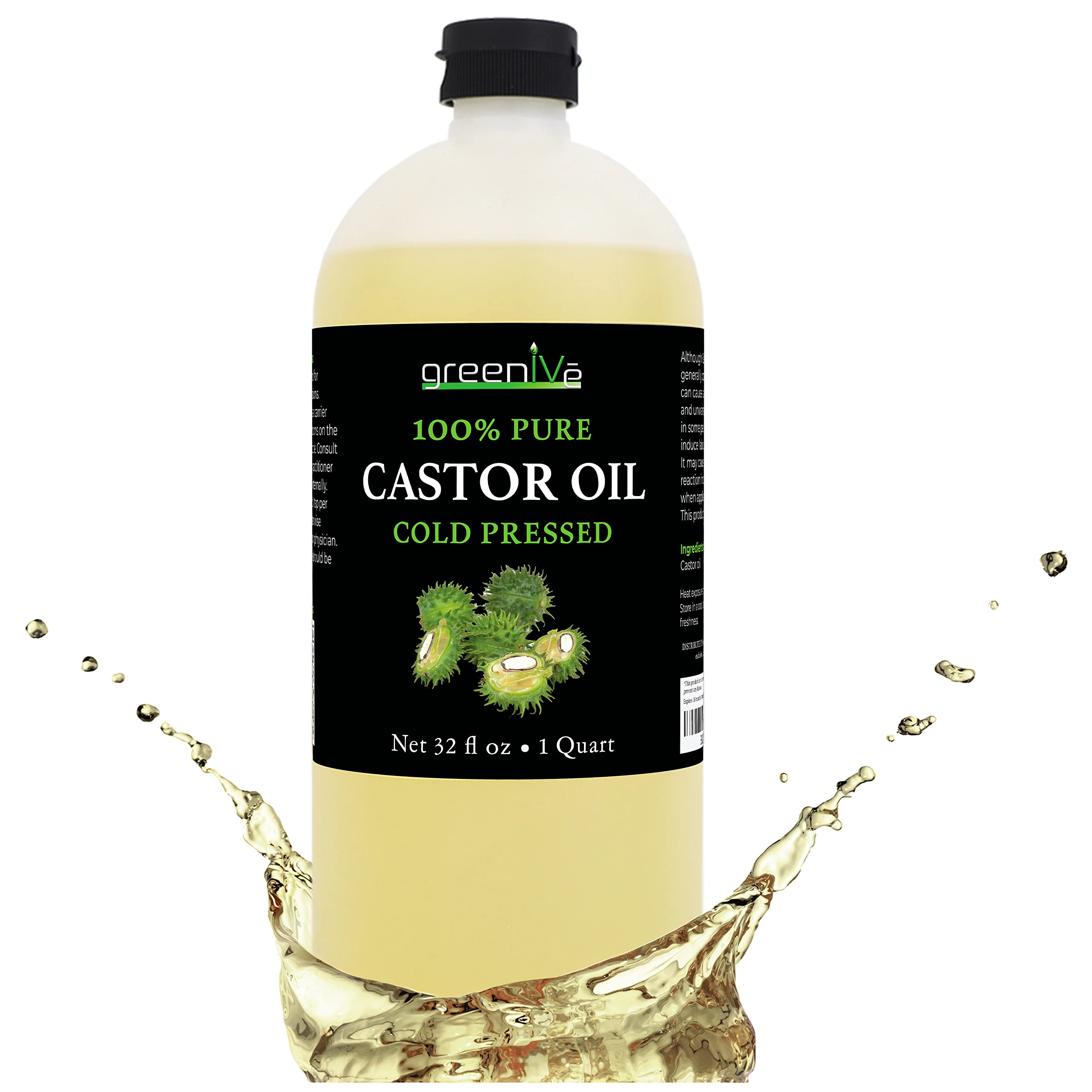 GreenIVe Castor Oil Organically Grown 100% Pure 32oz Bottle Cold Pressed, Hexane Free, Eyelash and Eyebrow Growth Serum, Skin Mo