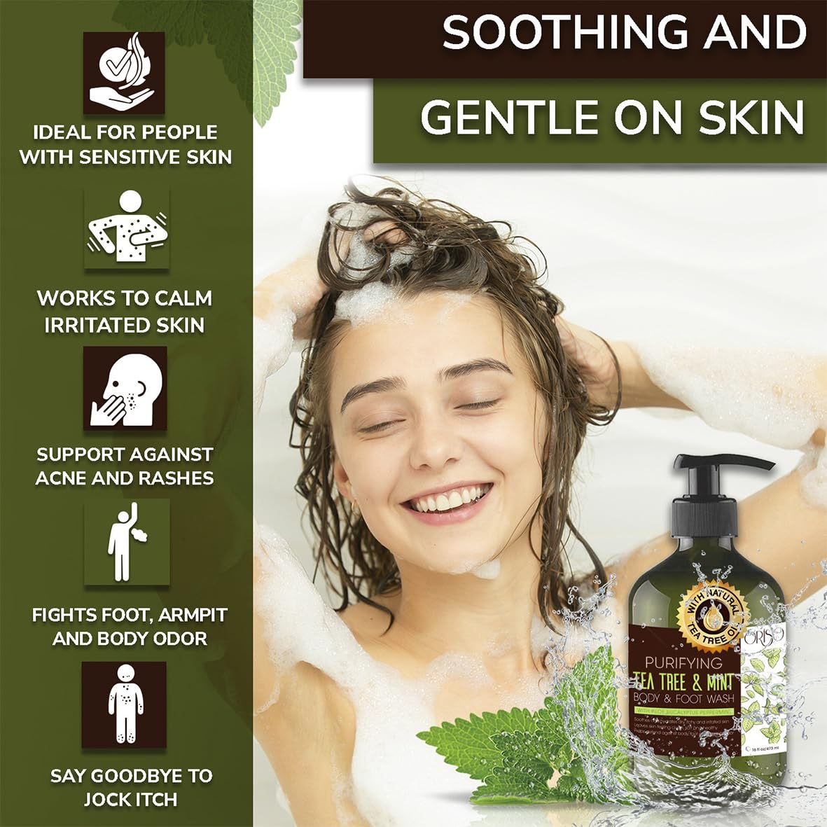 Tea Tree Body Wash With Mint For Women And Men - Helps Acne - Athletes Foot - Jock Itchy - Ringworm - Eczema - Body Odor - Itchy