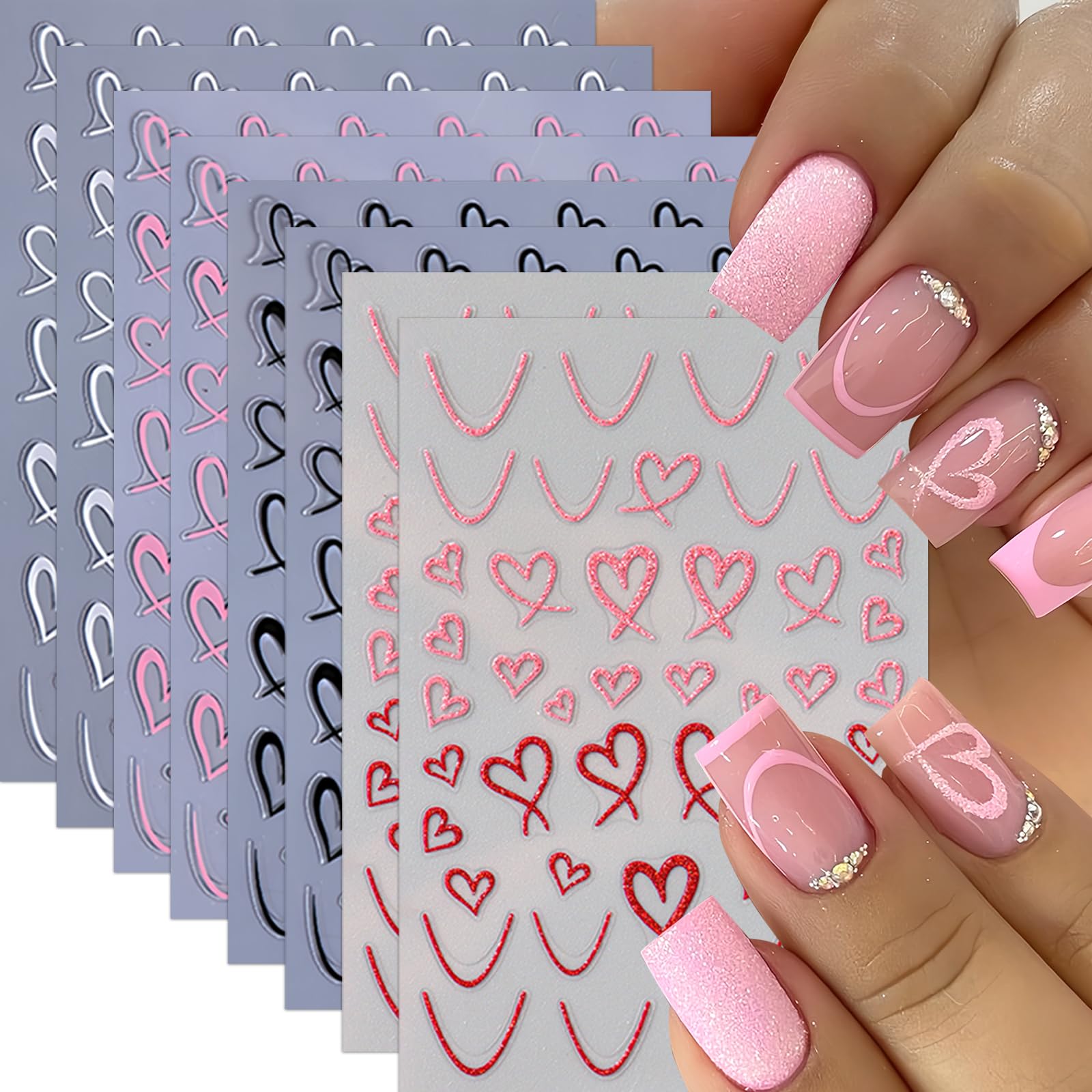 8Pcs Valentine's Day Nail Art Stickers Hollow Hearts Nail Decals 3D Self Adhesive Black White Pink Peach Heart Shaped Nail Desig