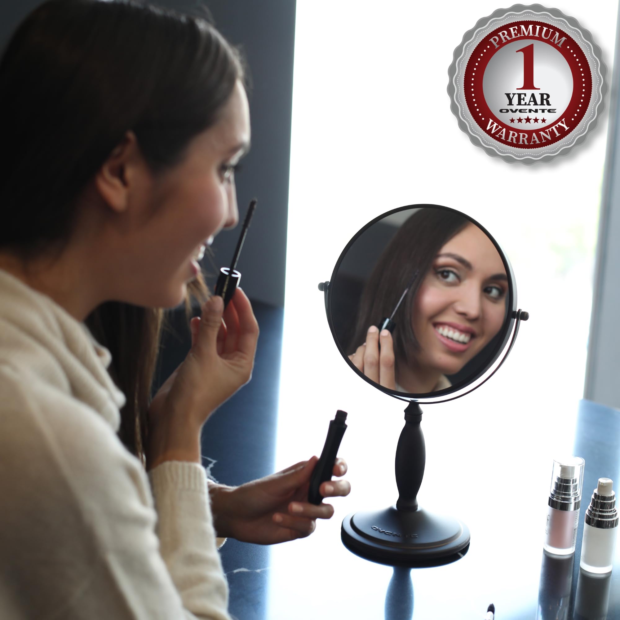 Ovente 8'' Tabletop Makeup Mirror, 1X & 7X Magnification, Adjustable Spinning Double Sided Round Magnifier, Modern D?Or For Offi