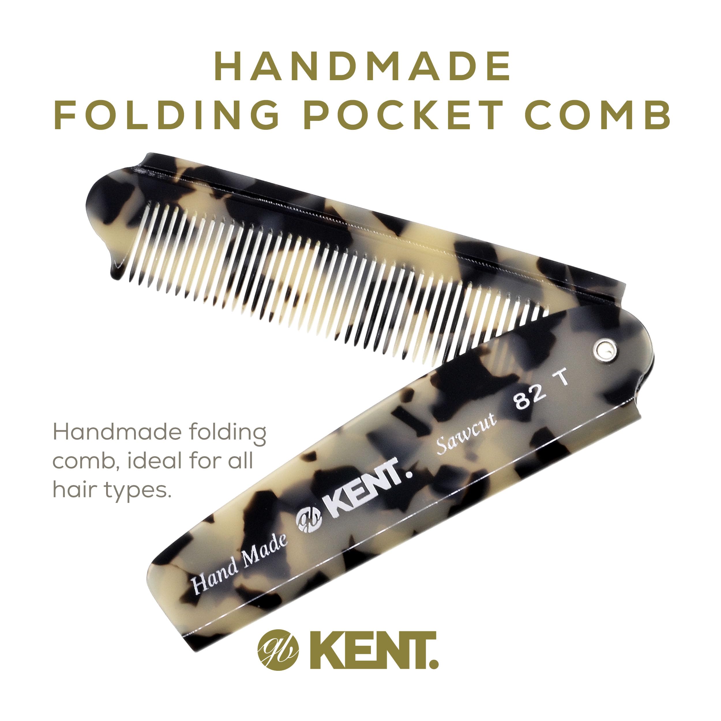 KENT 82T Handmade Folding Pocket Comb, Fine Tooth Plastic Hair Comb for Men, White Tokyo, 1 PACK, Made in England