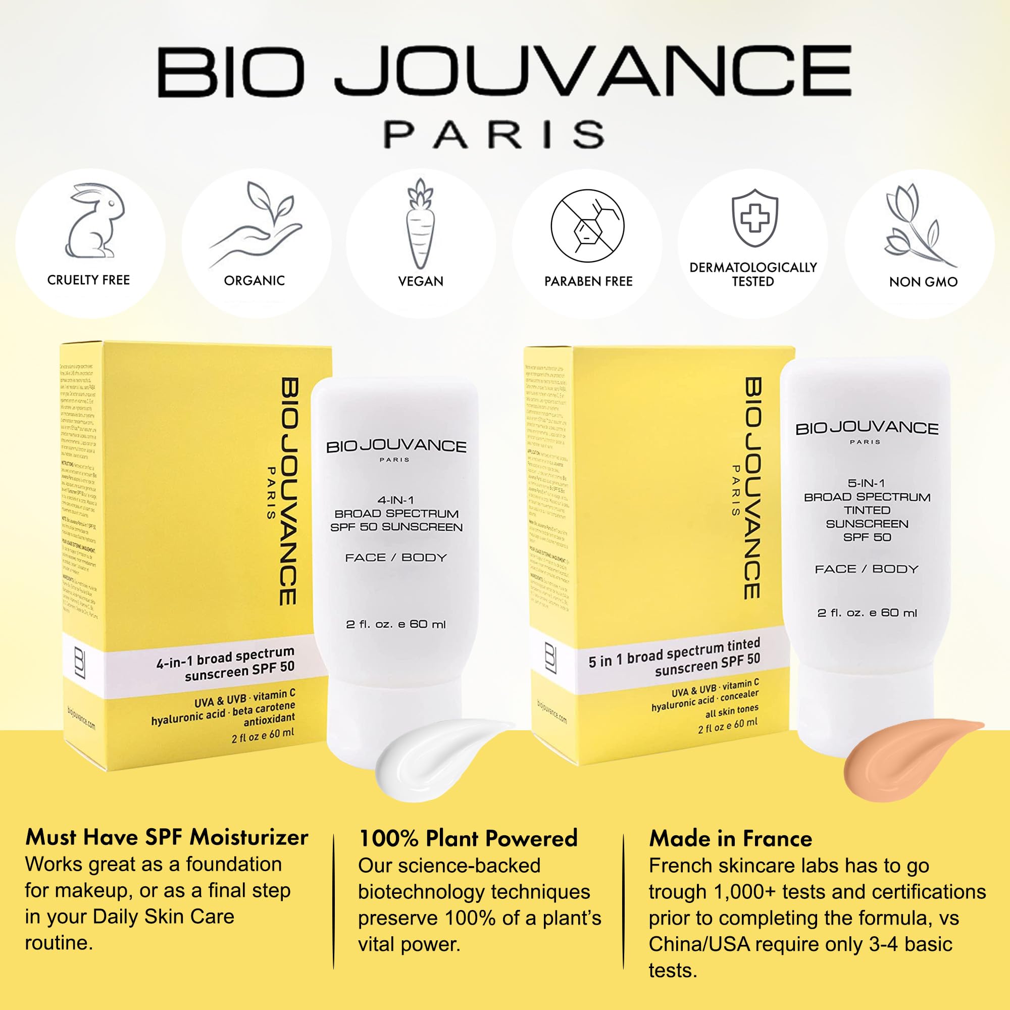 Bio Jouvance - 5-in-1 Tinted Sunscreen SPF 50 Universal 2oz / 60ml - Broad Spectrum | Hydrating Sunburn Lotion | Mineral Zinc Ox