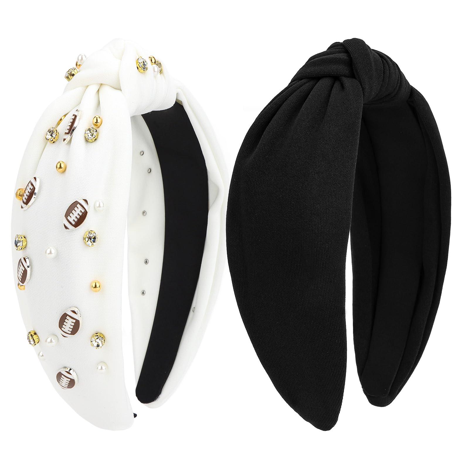 Wecoe 2pcs Knotted Headbands with Pearl Rhinestone Football Charms Game Days Wide Cloth Headbands Cute Pure Black White Head Ban