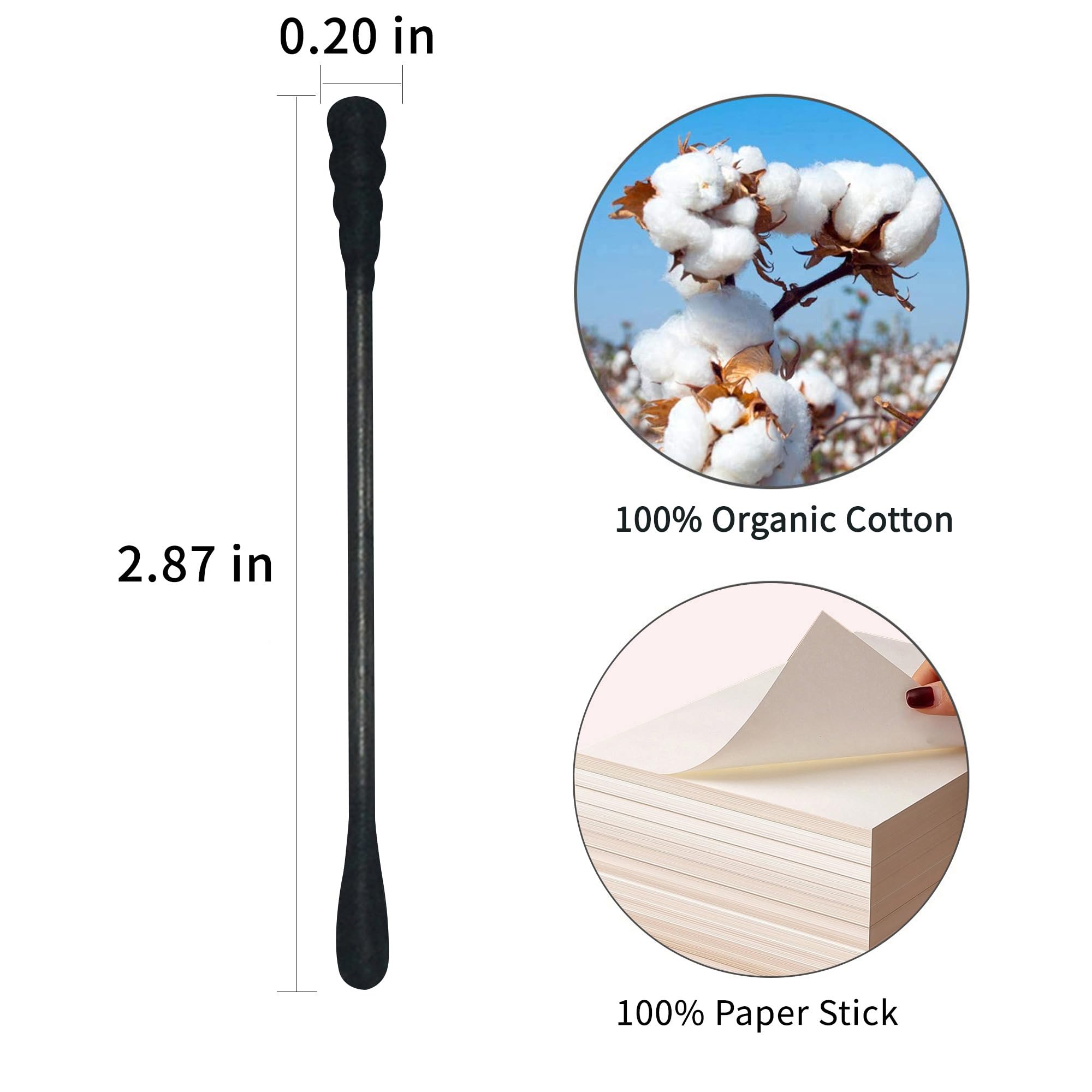 Homefox Black Cotton Swabs Spiral - 600 Count Organic Cotton Buds Double Side Tightly Wrapped Charcoal Cotton Tips Paper Stick S