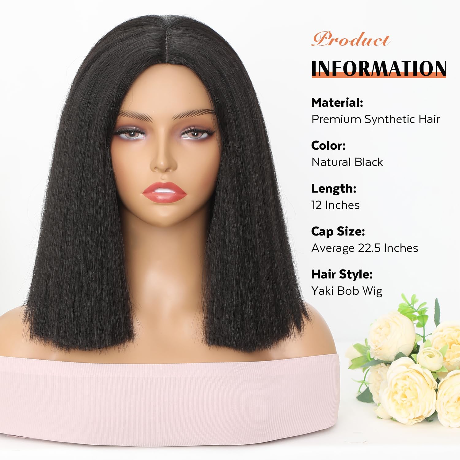 Wignee 12 Inches Kinky Straight Bob Wig Black Bob Yaki Wig Synthetic Bob Kinky Straight Wig For Black Women Short Kinky Wig (12
