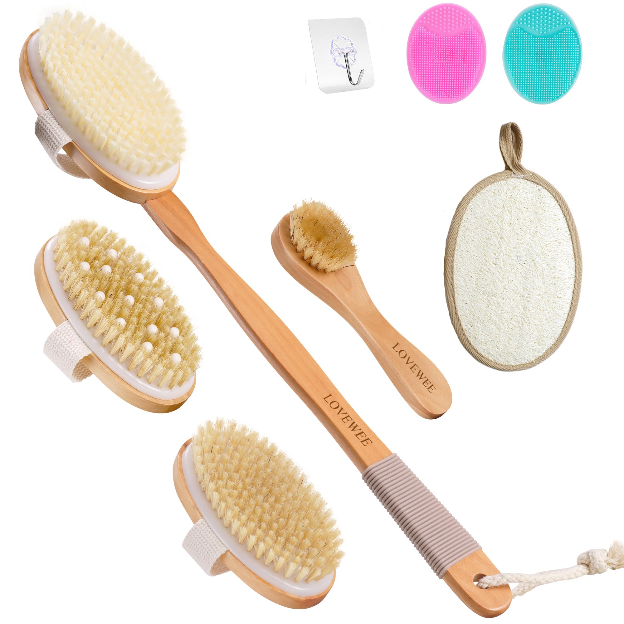 7in1 Body Brush Set for Shower & Dry Brushing  Long Handle Back Scrubber, 3 Replaceable Bristle Heads, Silicone Face Cleanser