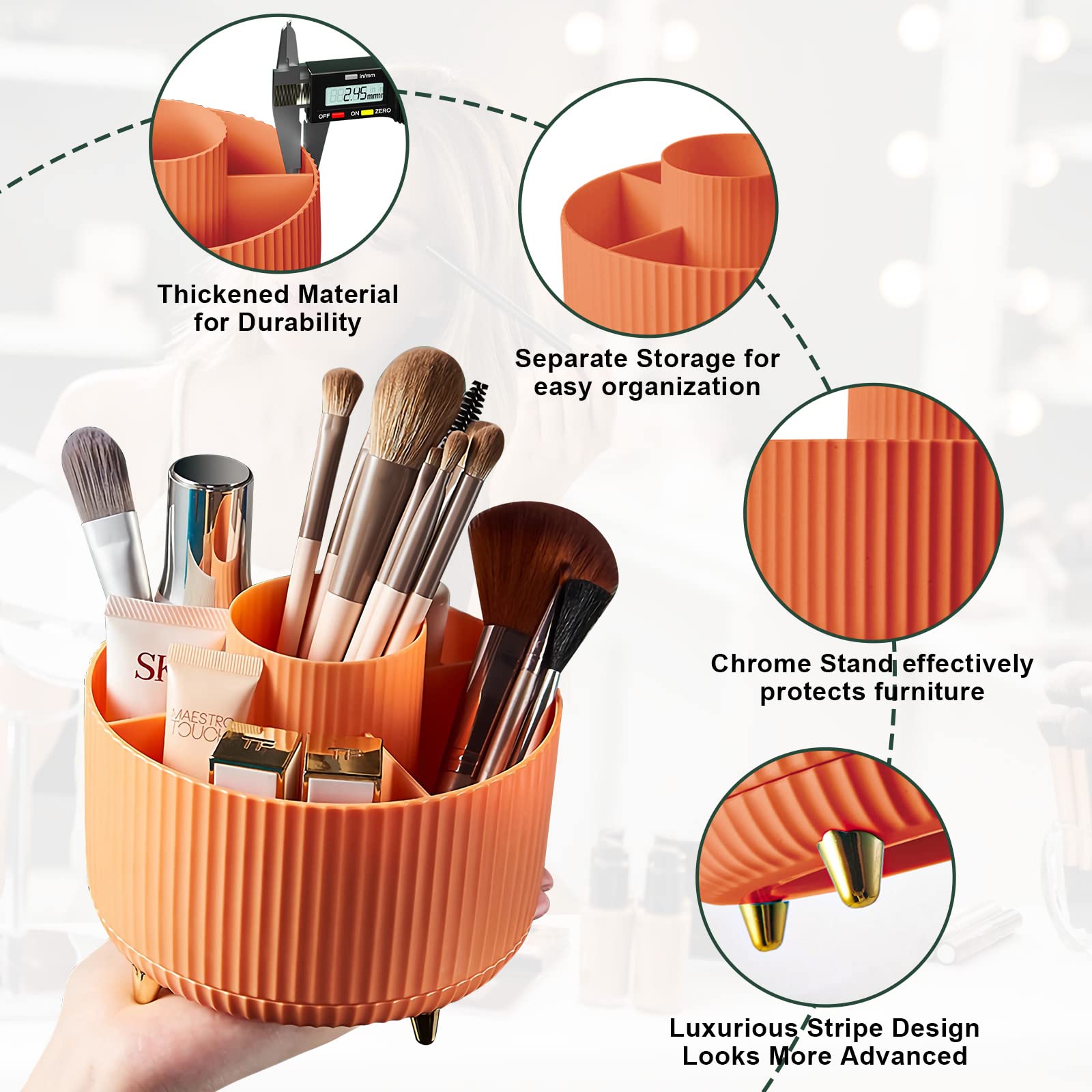 Diesisa 360 Rotating Makeup Brush Organizer With 5 Sections, Spining Countertop Swivel Makeup Brush Holder For Cosmetics, Nail P