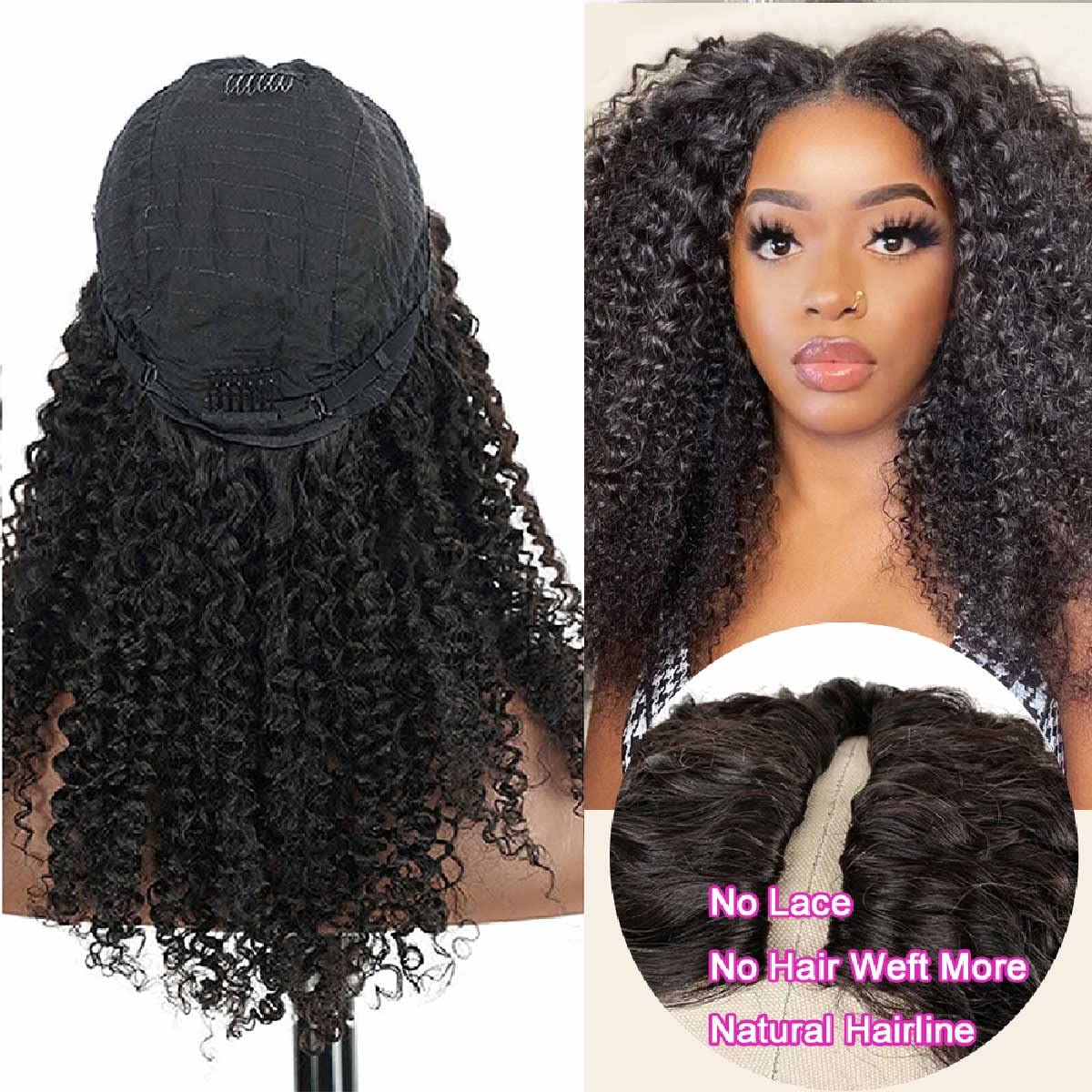 Domiso V Part Wig Human Hair Glueless Upgrade U Part Human Hair Wig 180% Density Kinky Curly Wigs For Women No Leave Out No Glue