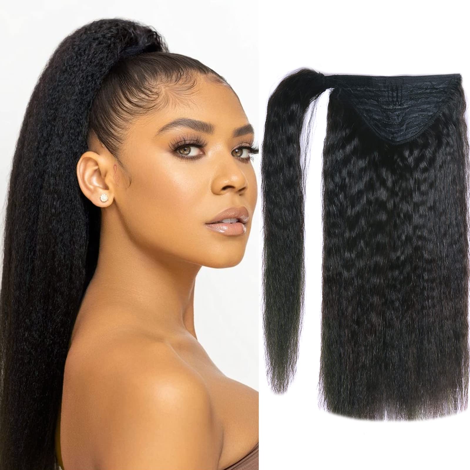 Anrosa #1B Natural Black Ponytail Extension Human Hair Ponytail Extension Hair Wrap Around 100% Remy Human Hair Straight Ponytai
