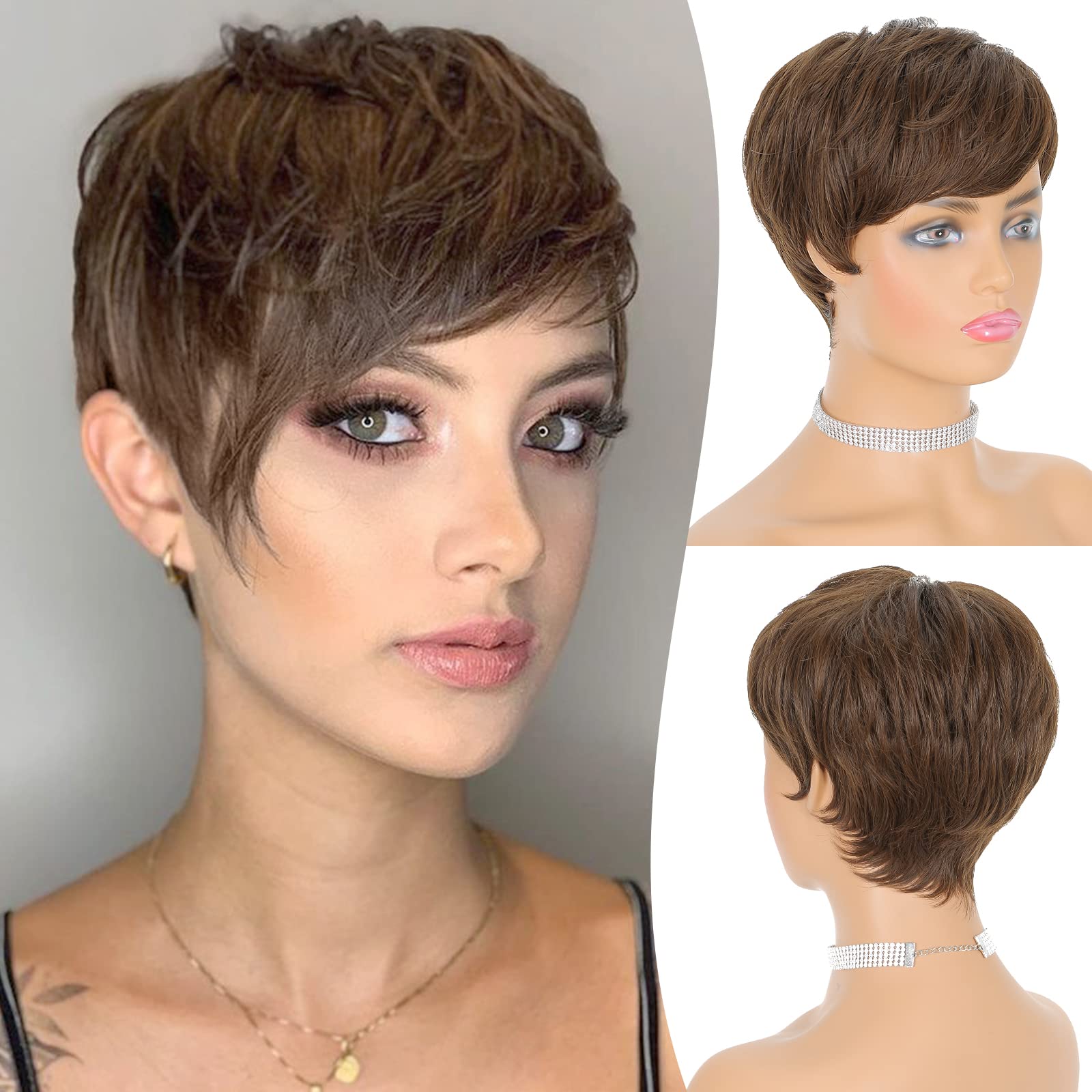 Feshfen Short Pixie Cut Wigs Synthetic Coffee Brown Pixie Haircut Wig With Bangs Glueless Layered Wavy Wigs For Women