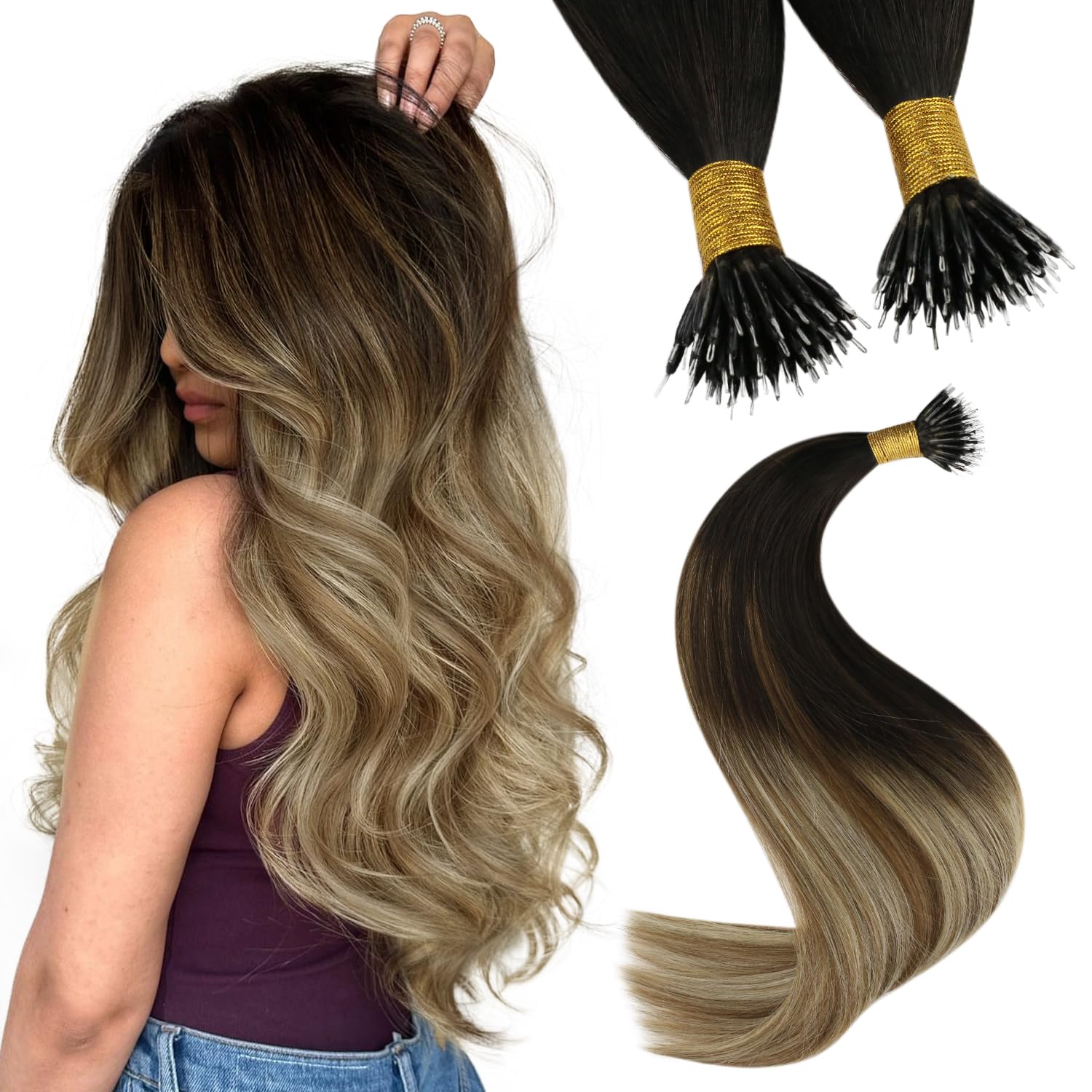 YoungSee Nano Hair Extensions Human Hair Ombre Brown Nano Beads Hair Extensions Balayage Dark Brown to Medium Brown with Blonde 
