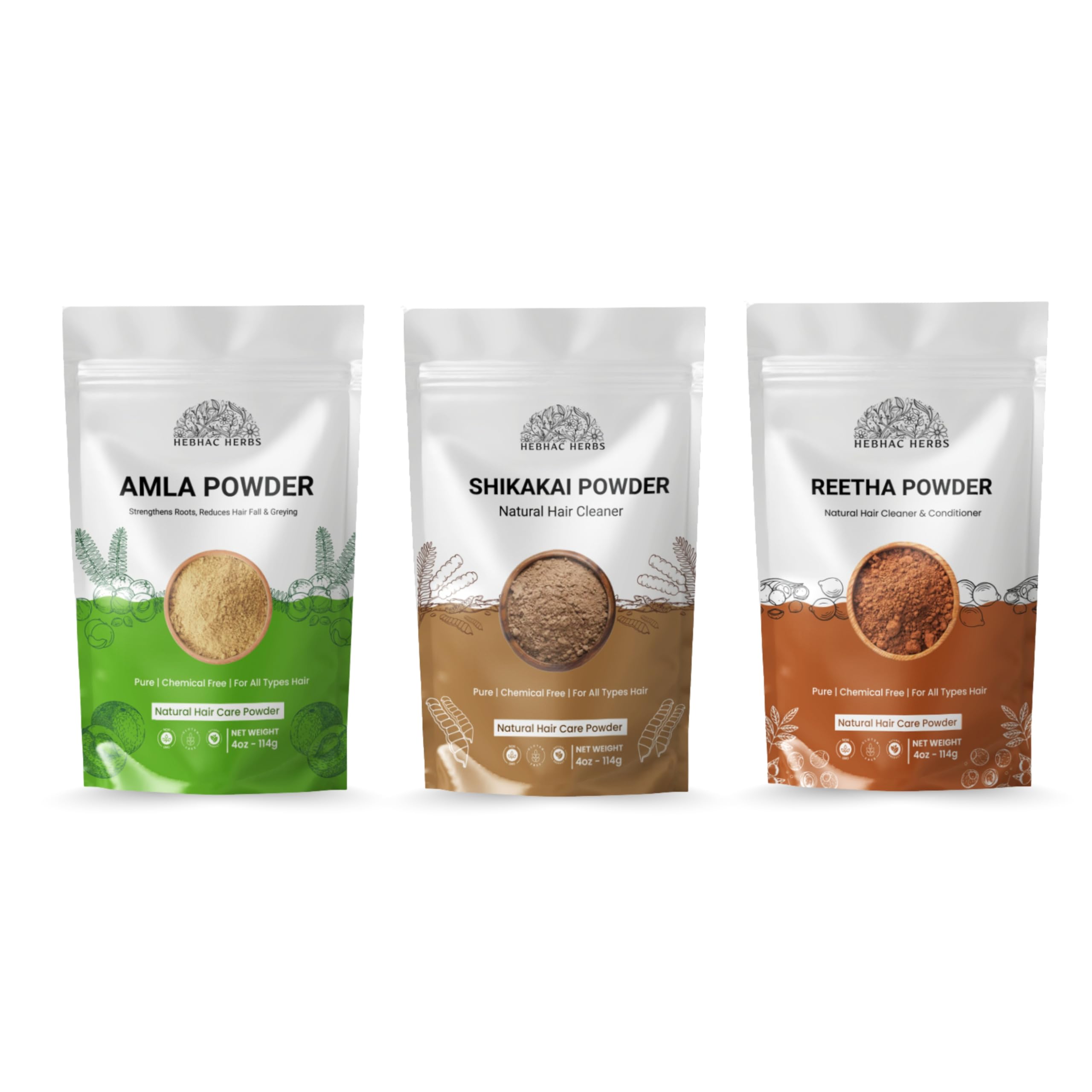 Hair Care Combo Amla, Reetha & Shikakai Powders, (Each 114g) Herbal Pack, Ayurvedic Powders for Hair Growth, Scalp Health